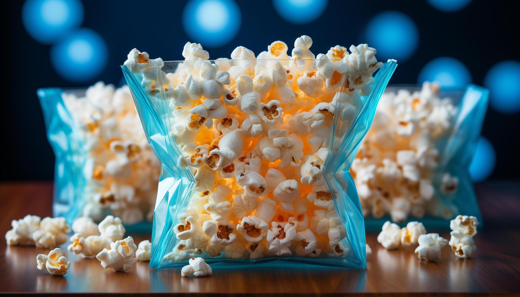 ai gegenereerd vers popcorn en snoep, een film theater toegeeflijkheid gegenereerd door ai foto