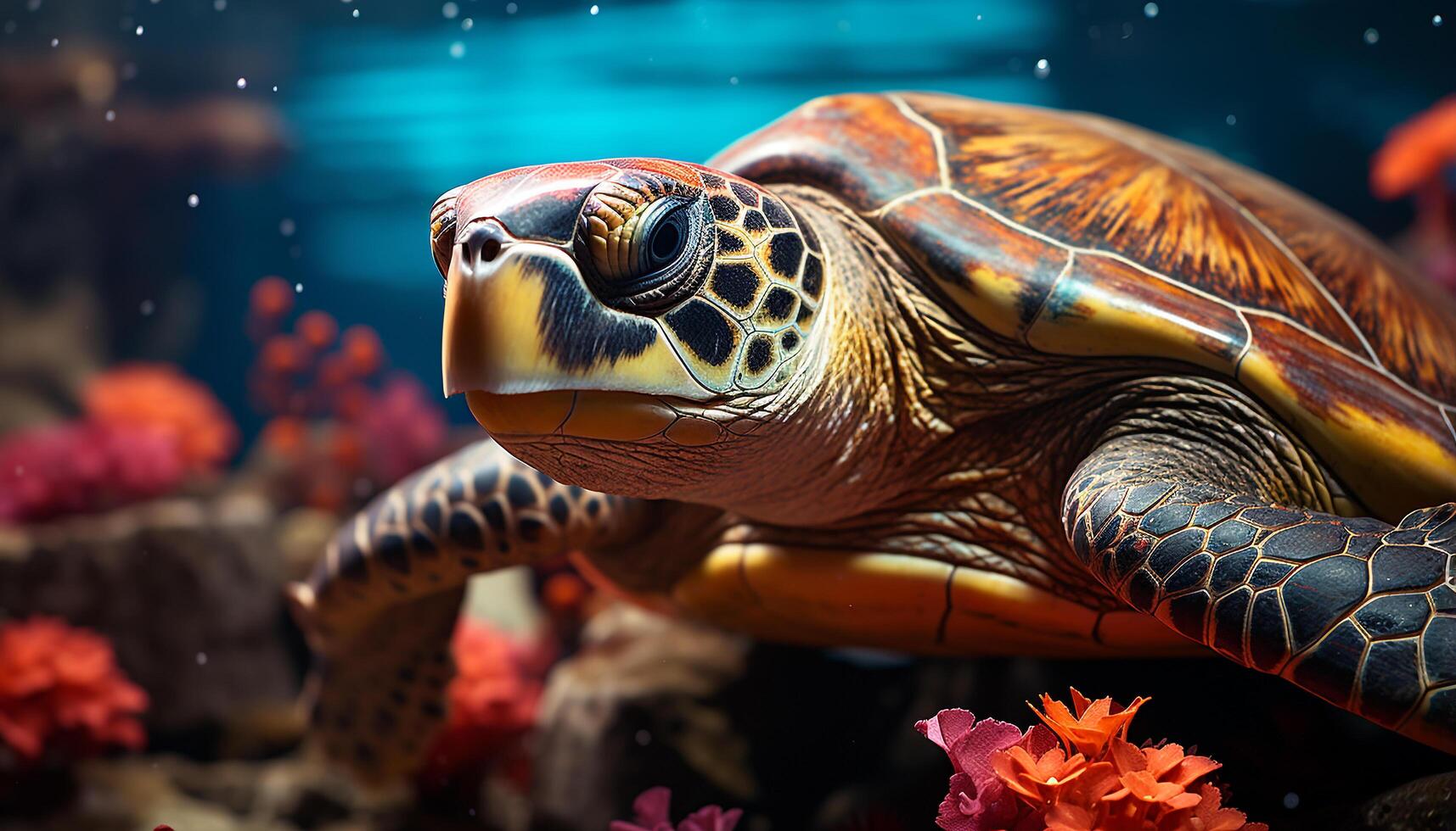ai gegenereerd een schattig schildpad in de wild, onderwater, omringd door schoonheid gegenereerd door ai foto