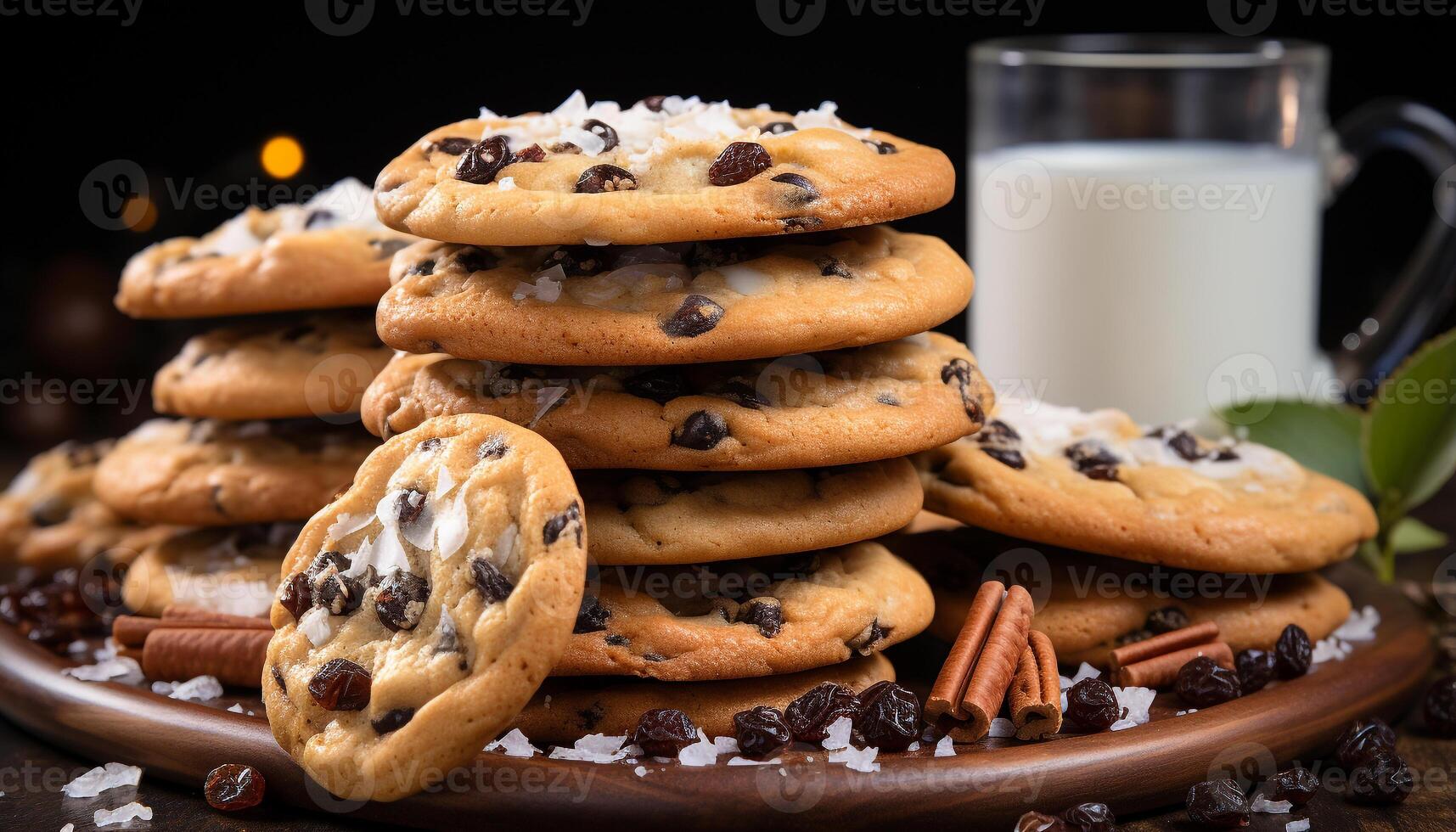 ai gegenereerd een stack van eigengemaakt chocola spaander koekjes Aan een houten tafel gegenereerd door ai foto