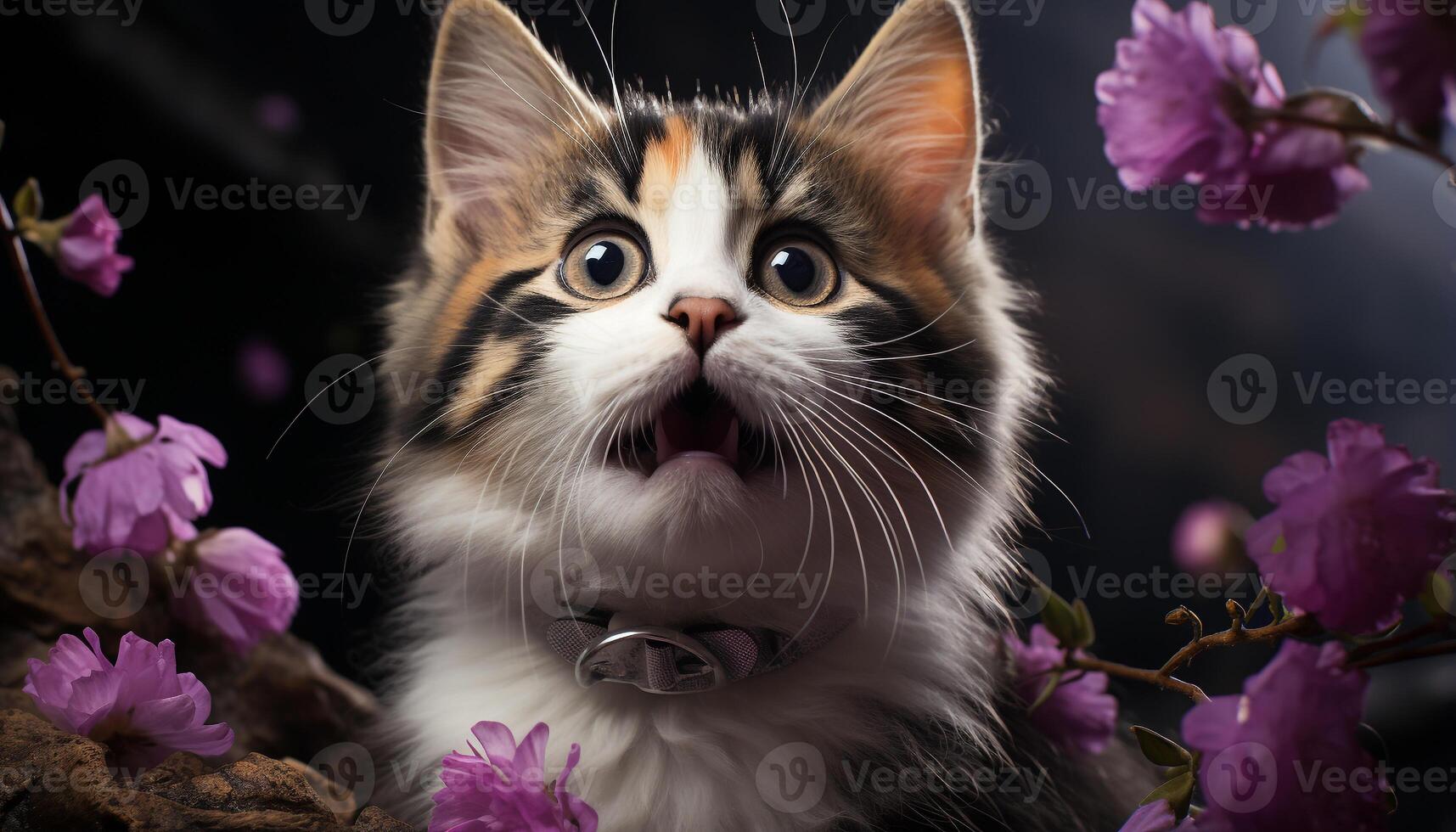 ai gegenereerd schattig katje op zoek Bij camera, omringd door Purper bloemen gegenereerd door ai foto