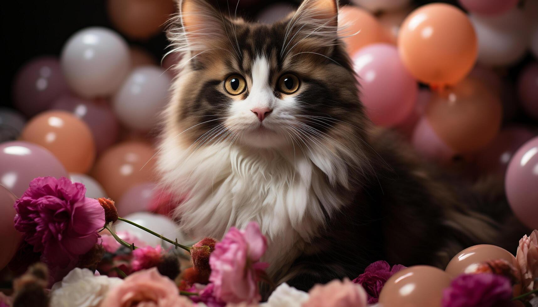 ai gegenereerd schattig katje zittend met een speelgoed, vieren natuur schoonheid gegenereerd door ai foto