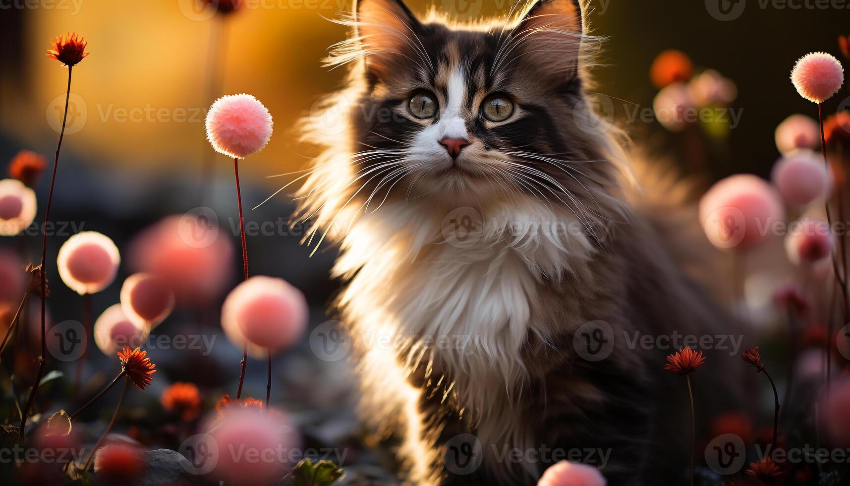 ai gegenereerd schattig katje zittend Aan gras, speels met herfst decoratie gegenereerd door ai foto