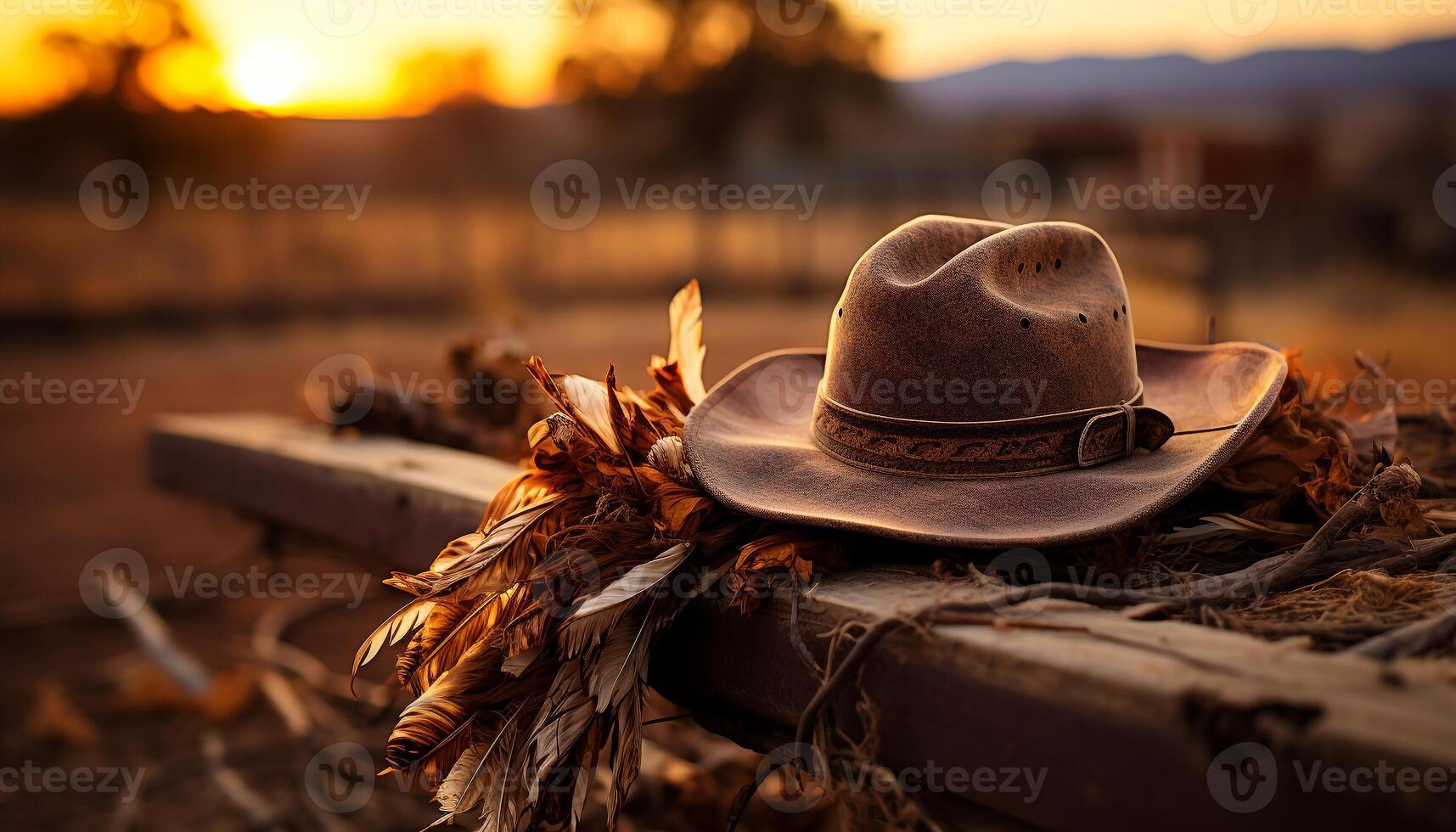 ai gegenereerd cowboy zittend in de Woud, genieten van de rustig herfst zonsondergang gegenereerd door ai foto