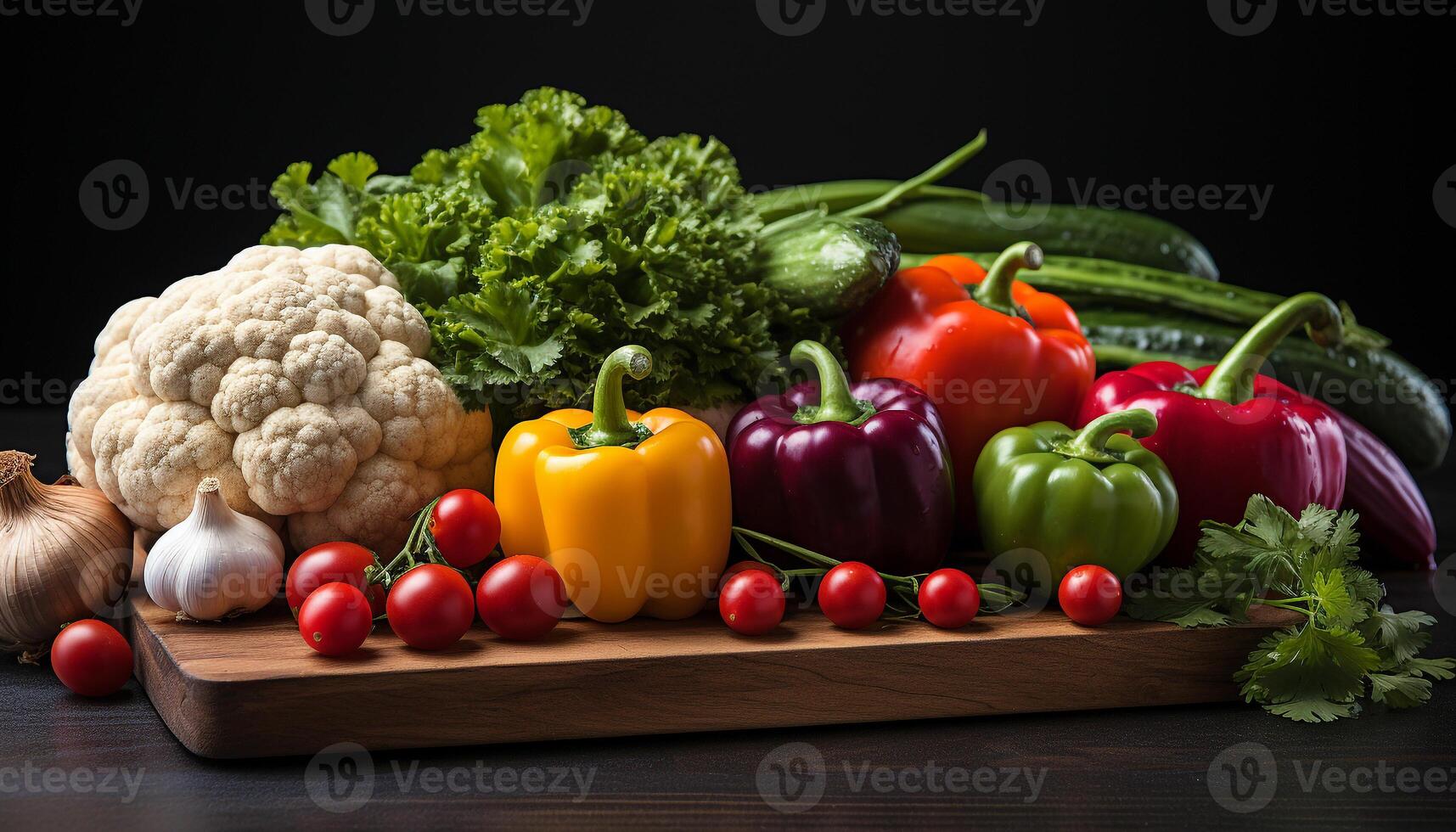 ai gegenereerd vers groenten Aan houten tafel, gezond aan het eten, biologisch, vegetarisch voedsel gegenereerd door ai foto