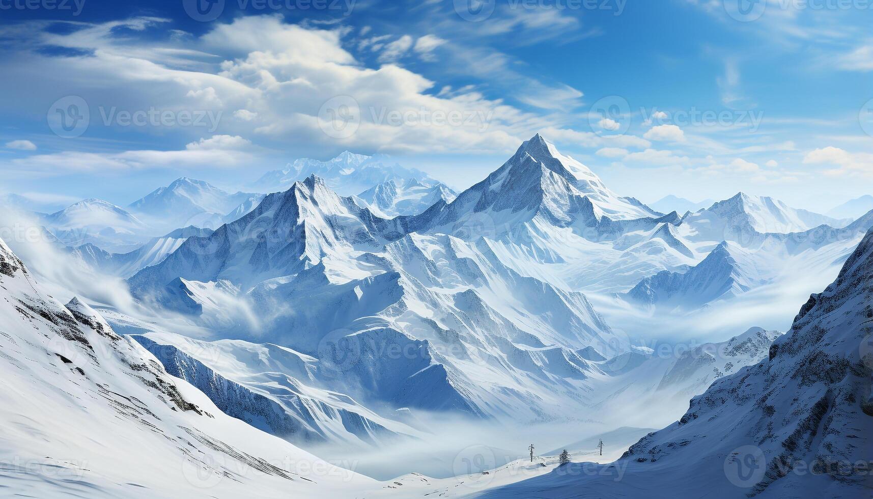 ai gegenereerd majestueus berg piek, sneeuw gedekt landschap, rustig tafereel in natuur gegenereerd door ai foto