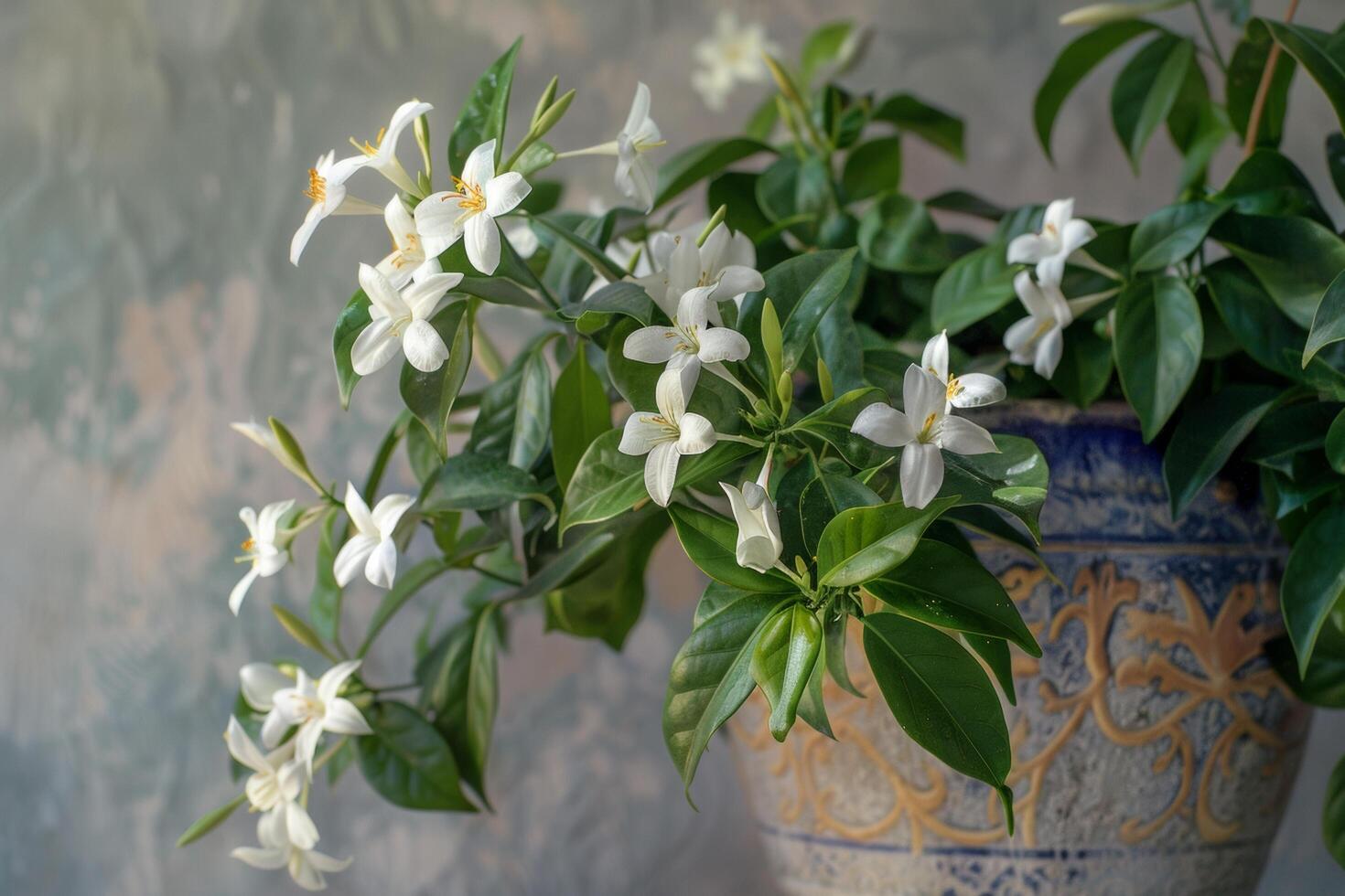 ai gegenereerd overladen pot met bloeiend jasmijn bloemen foto