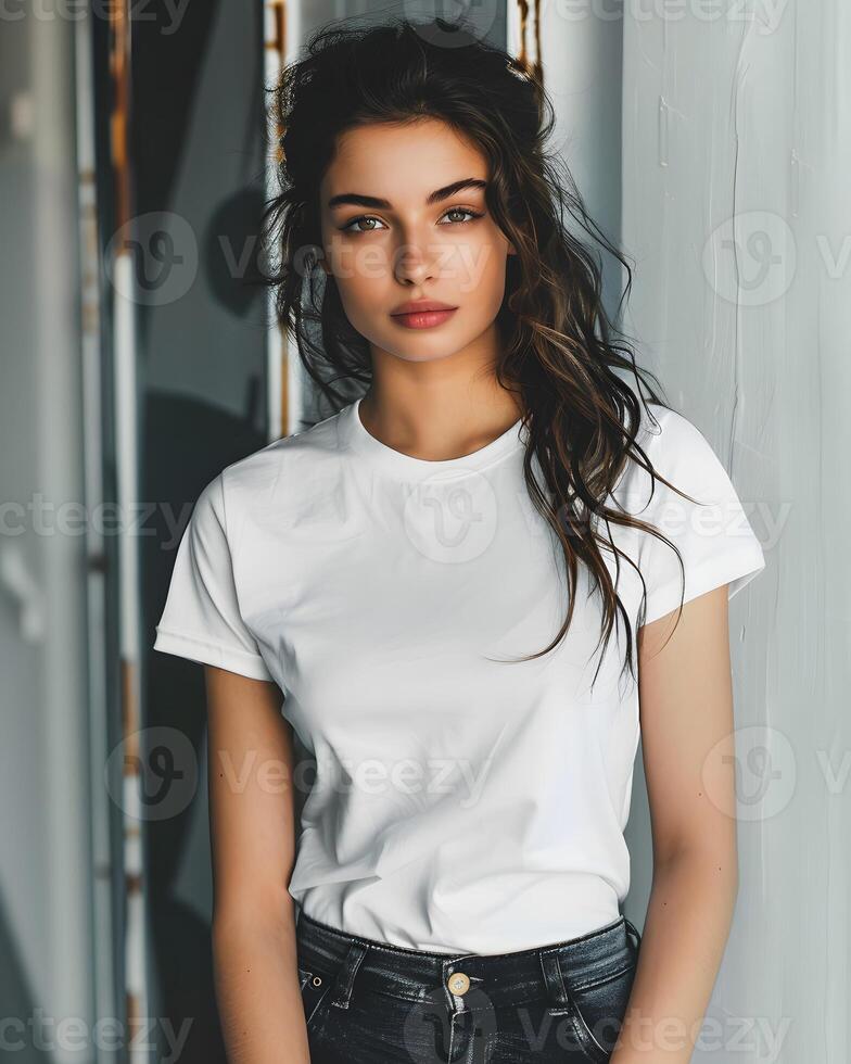 ai gegenereerd vrouwen wit kort mouw ronde nek t-shirt mockup het is een nuttig gereedschap voor kleding ontwerpers naar helpen visualiseren t-shirts voordat feitelijk productie opslaan tijd en geld en maakt het gemakkelijker foto