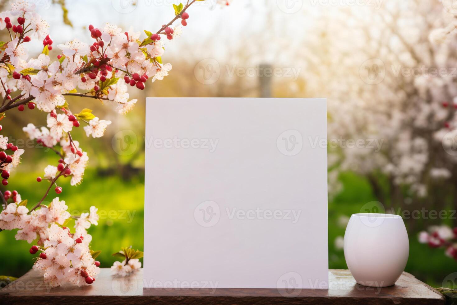 ai gegenereerd klein blanco wit uithangbord met schattig accessoires, voorjaar thema. ai generatief foto