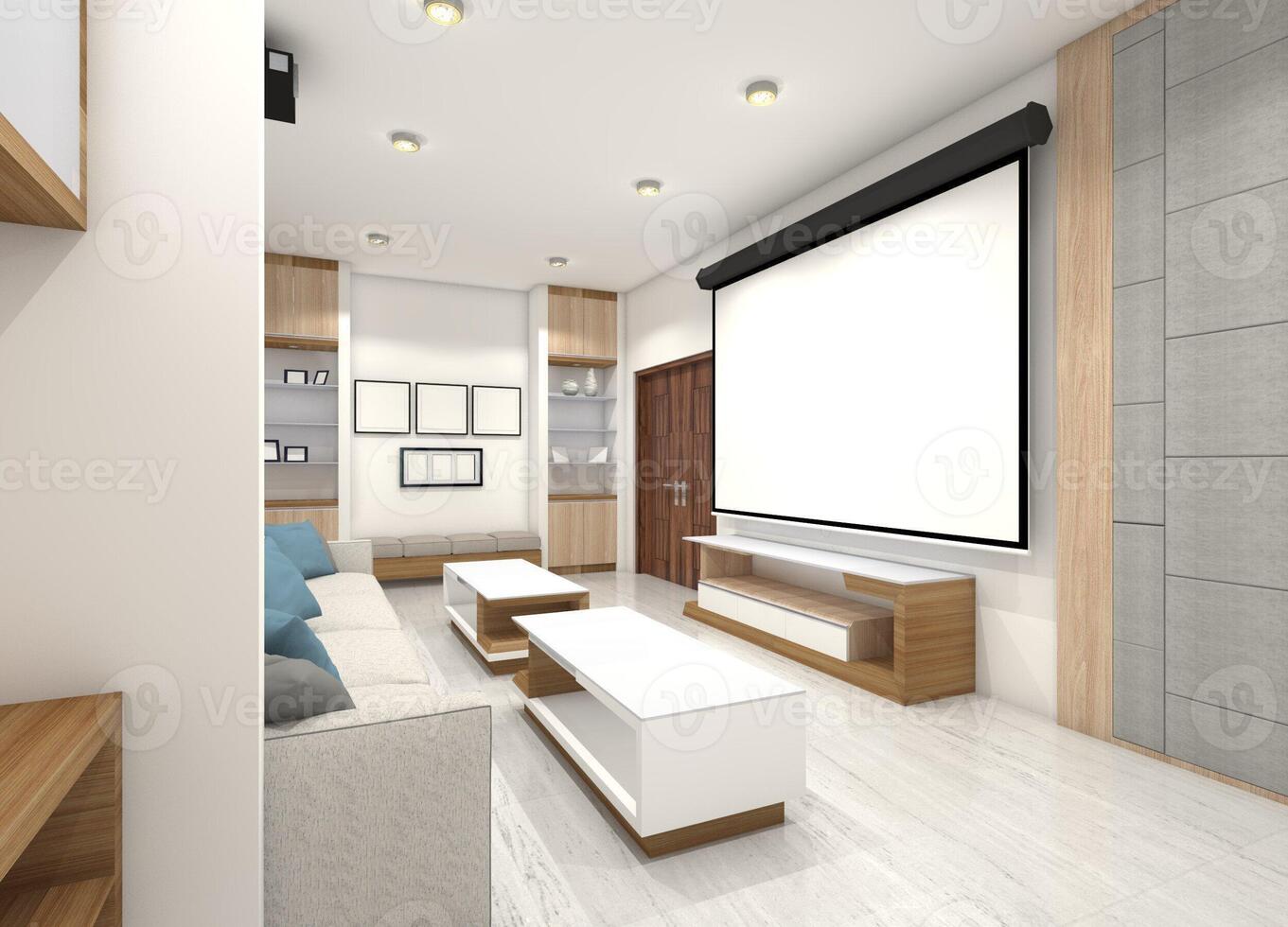 luxe privaat bioscoop ontwerp met reeks sofa tafel en groot scherm projector, 3d illustratie foto