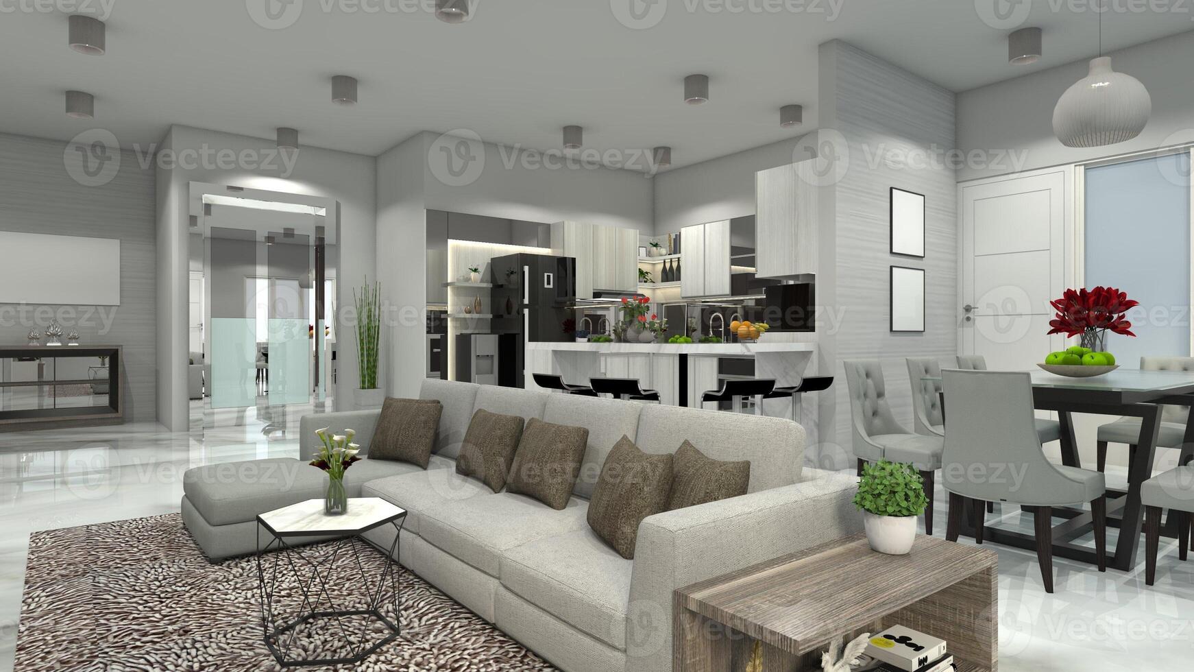 luxe leven kamer ontwerp integreren met dining kamer en keuken, 3d illustratie foto