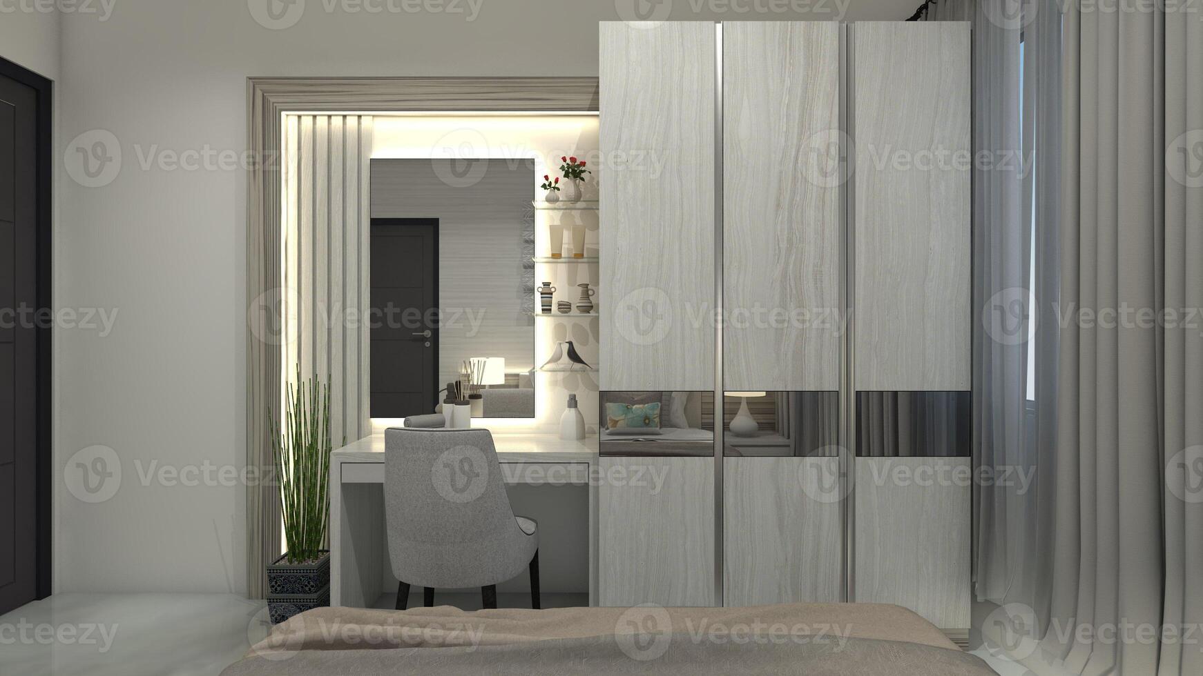 modern garderobe kabinet en dressing tafel met minimalistische paneel decoratie en spiegel, 3d illustratie foto