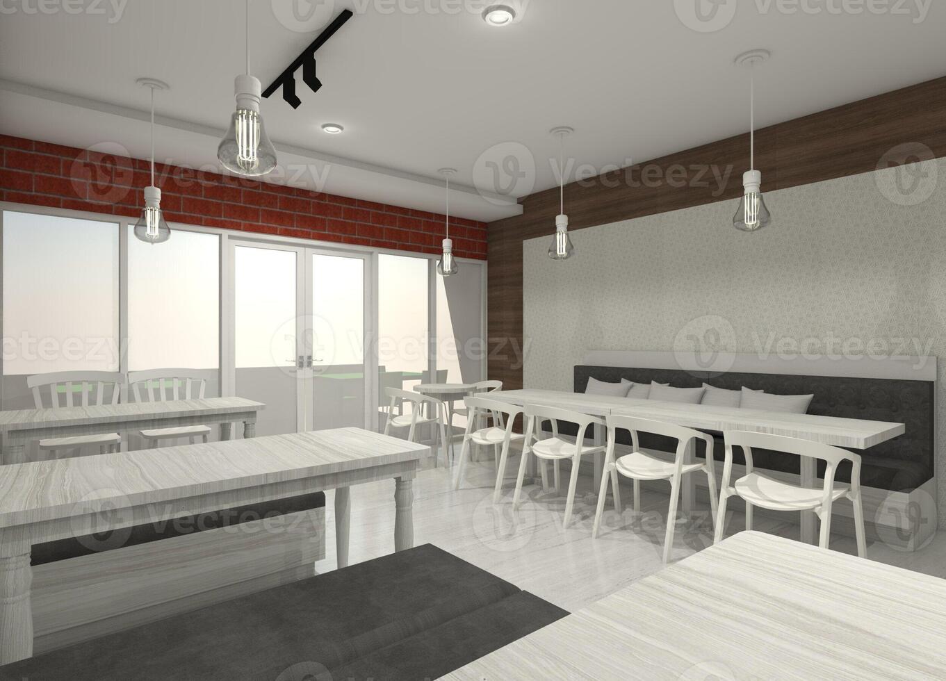 modern interieur restaurant idee met Ingang venster glas en deur, 3d illustratie foto