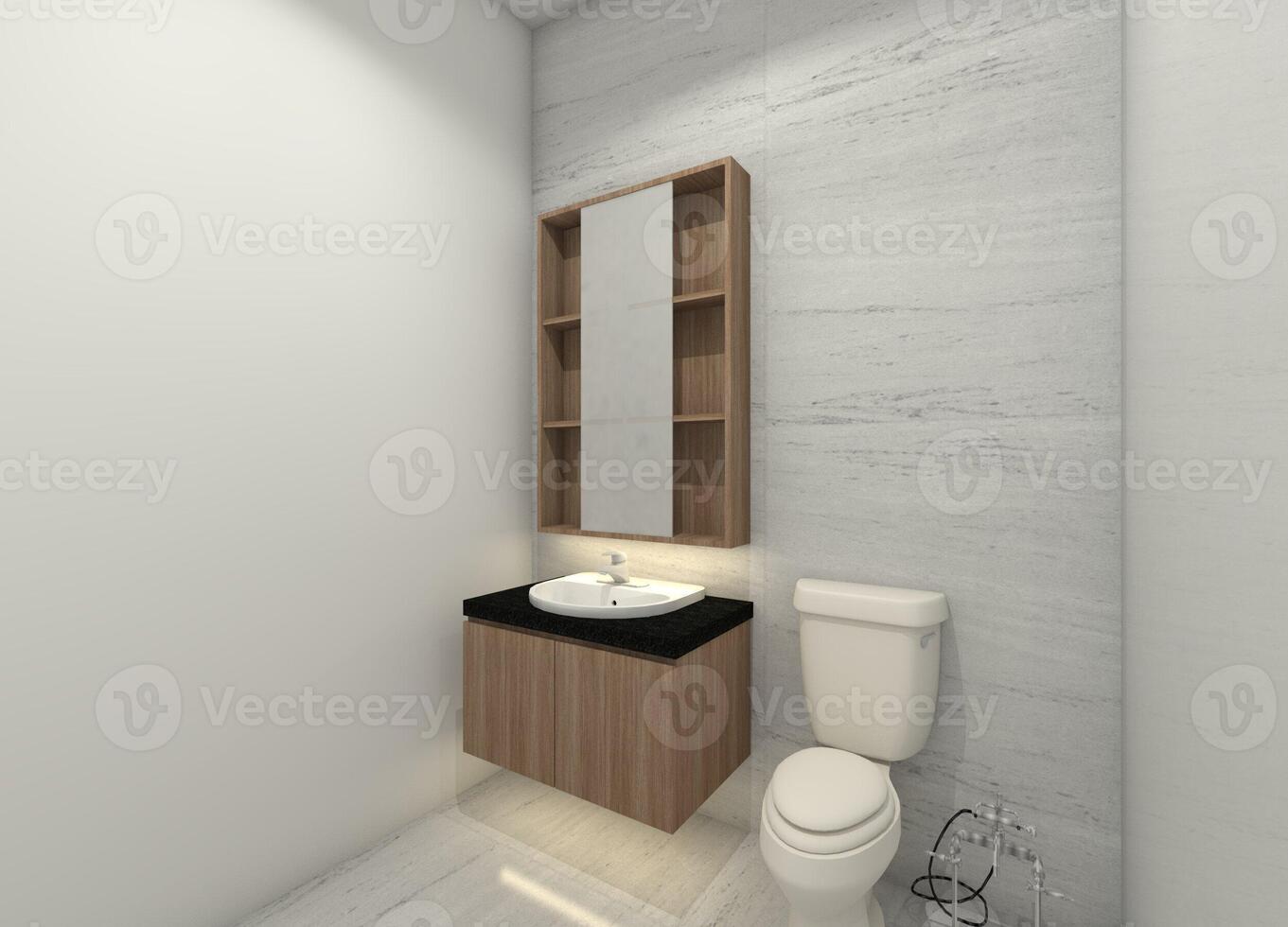 minimalistische badkamer met houten wastafel kabinet en doos spiegel kastje, 3d illustratie foto