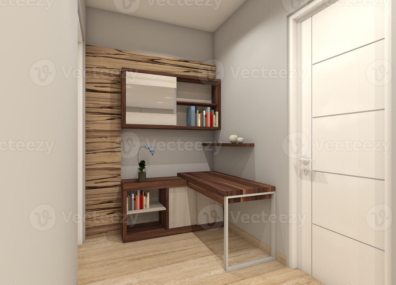 minimalistische werkruimte ontwerp met houten bureau en hangende kastje, 3d illustratie foto