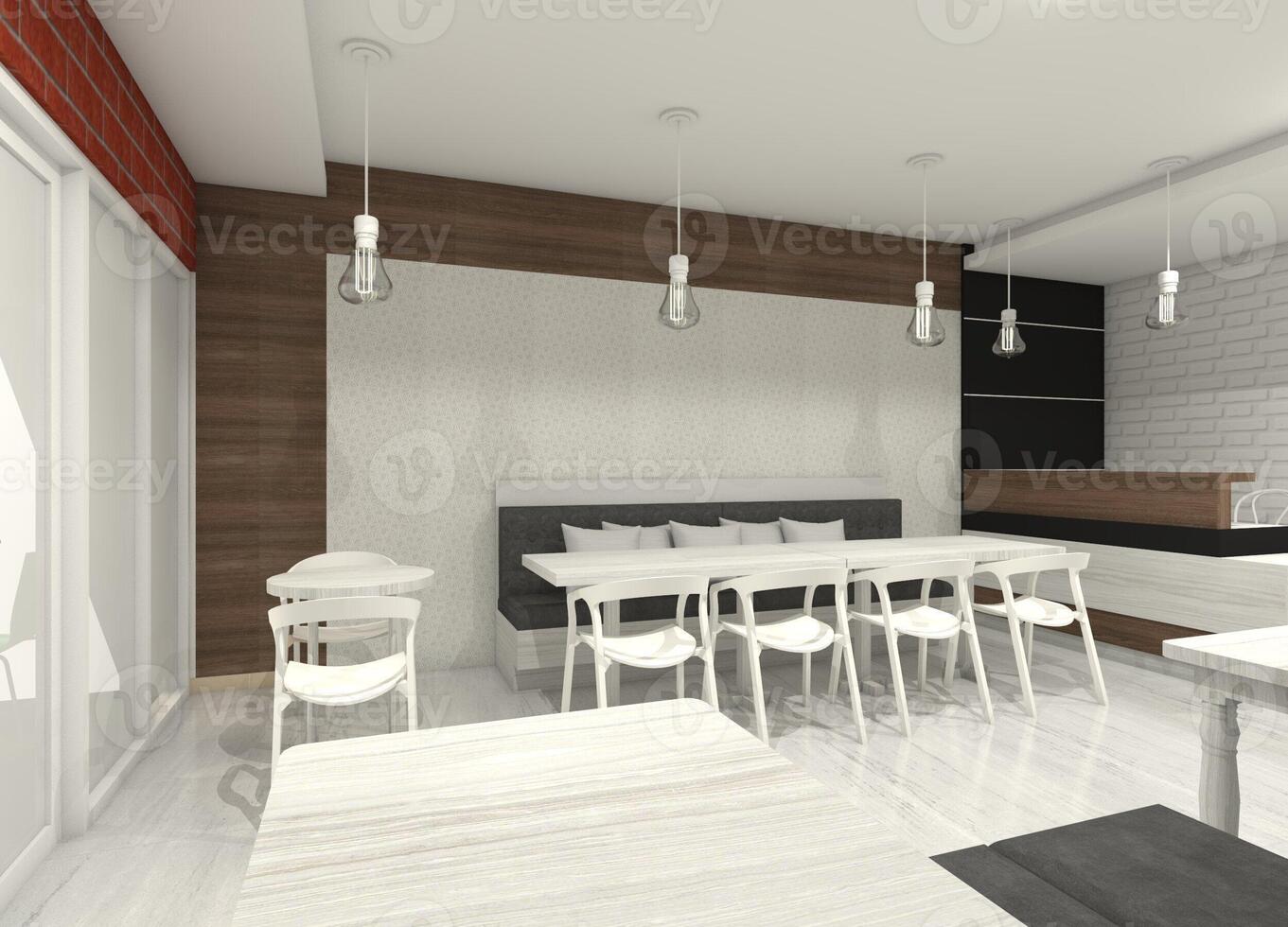 restaurant ontwerp met reeks tafel en muur paneel decoratie, 3d illustratie foto