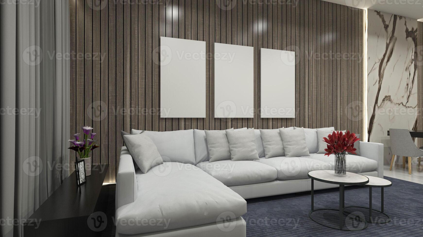 suite interieur leven kamer ontwerp met luxe sofa en houten paneel achtergrond, 3d illustratie foto