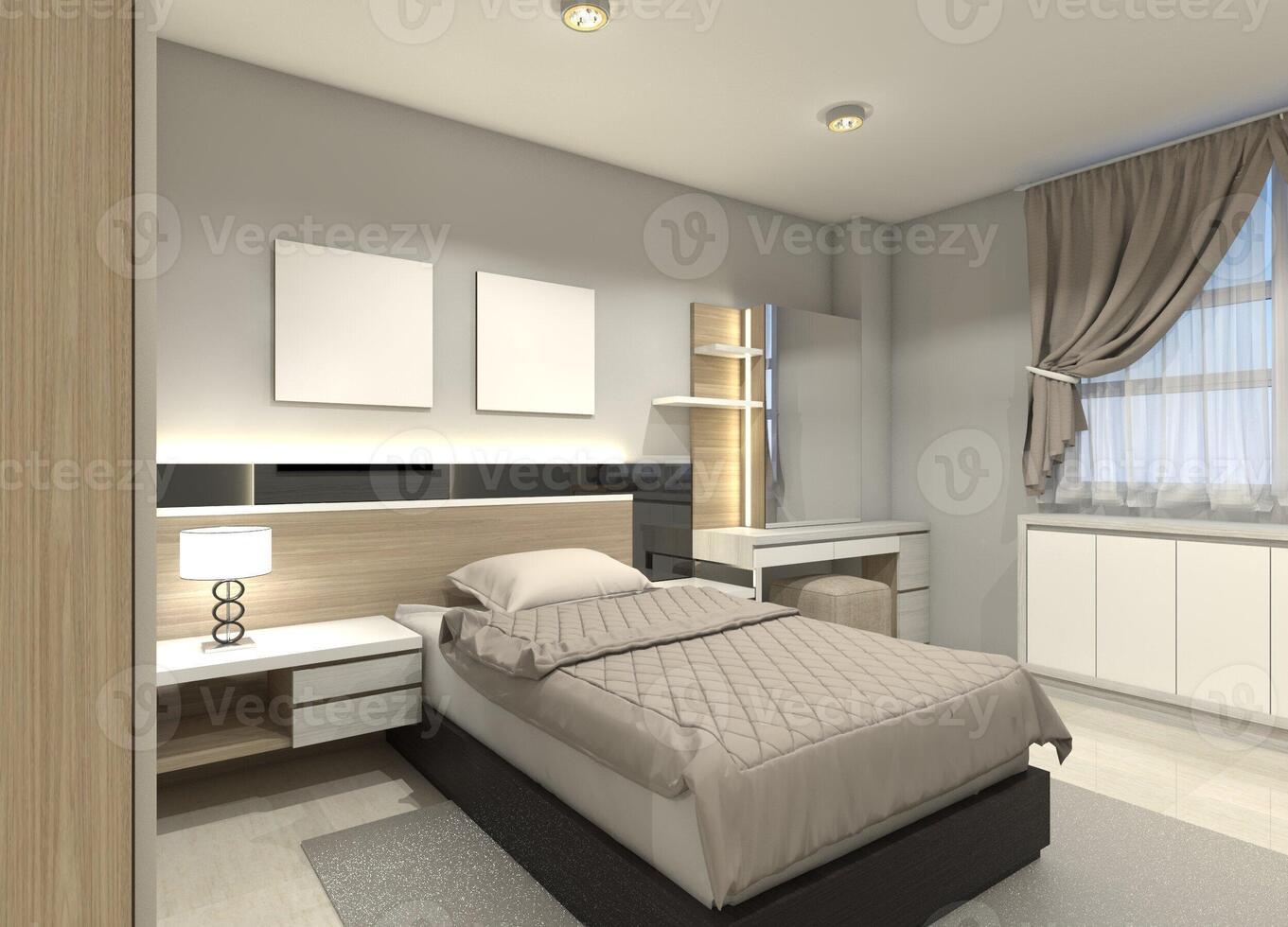 modern slaapkamer met minimalistische hoofdeinde paneel, lade en dressing tafel, 3d illustratie foto