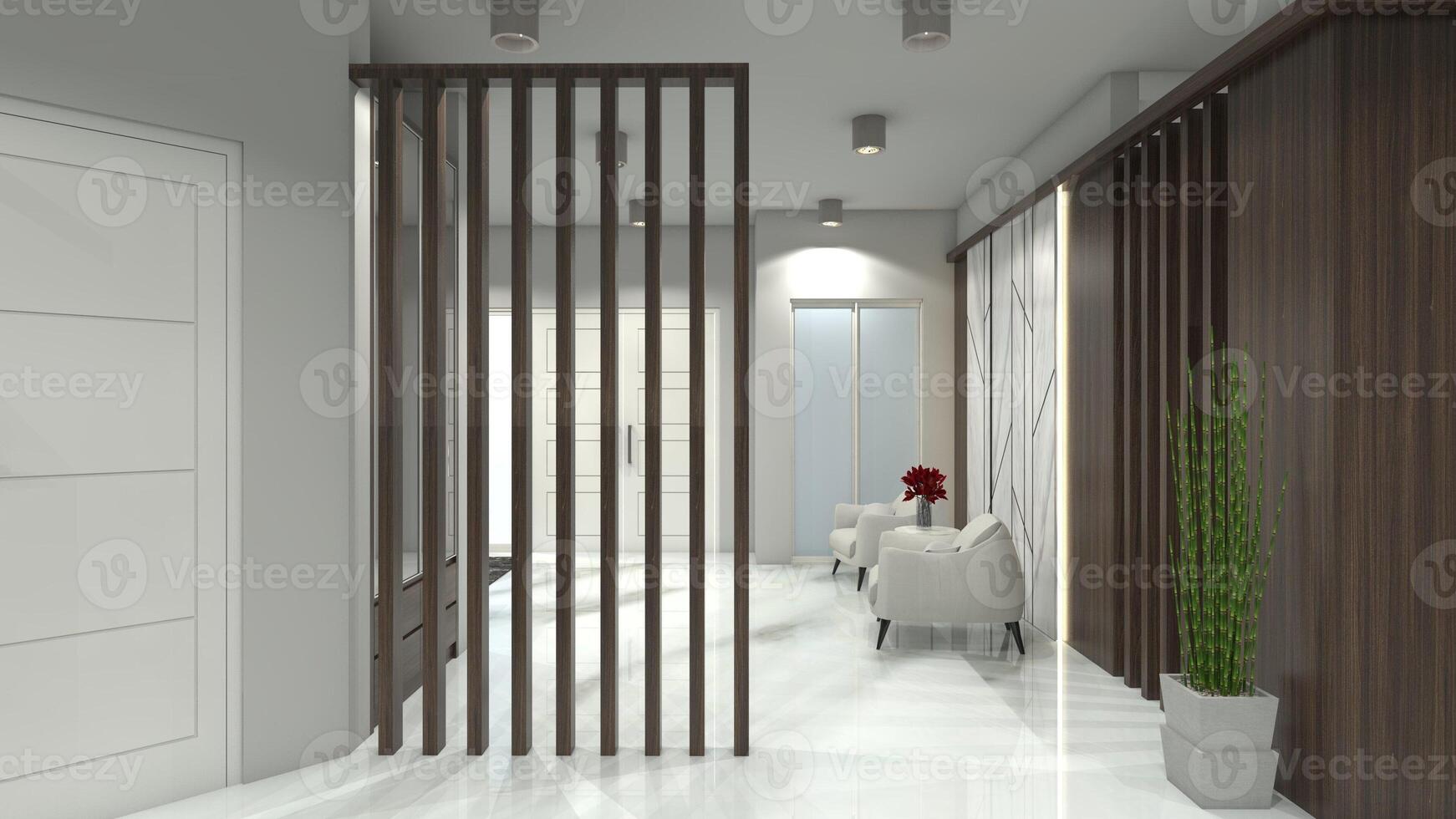 minimalistische houten partitie en paneel ontwerp voor leven kamer interieur, 3d illustratie foto