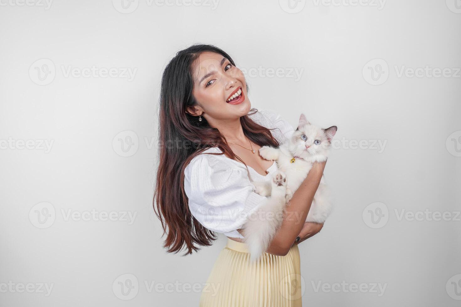 portret van jong Aziatisch vrouw Holding schattig lappenpop kat met blauw ogen. vrouw knuffelen haar schattig lang haar- pot geïsoleerd door wit achtergrond. aanbiddelijk huiselijk huisdier concept. foto