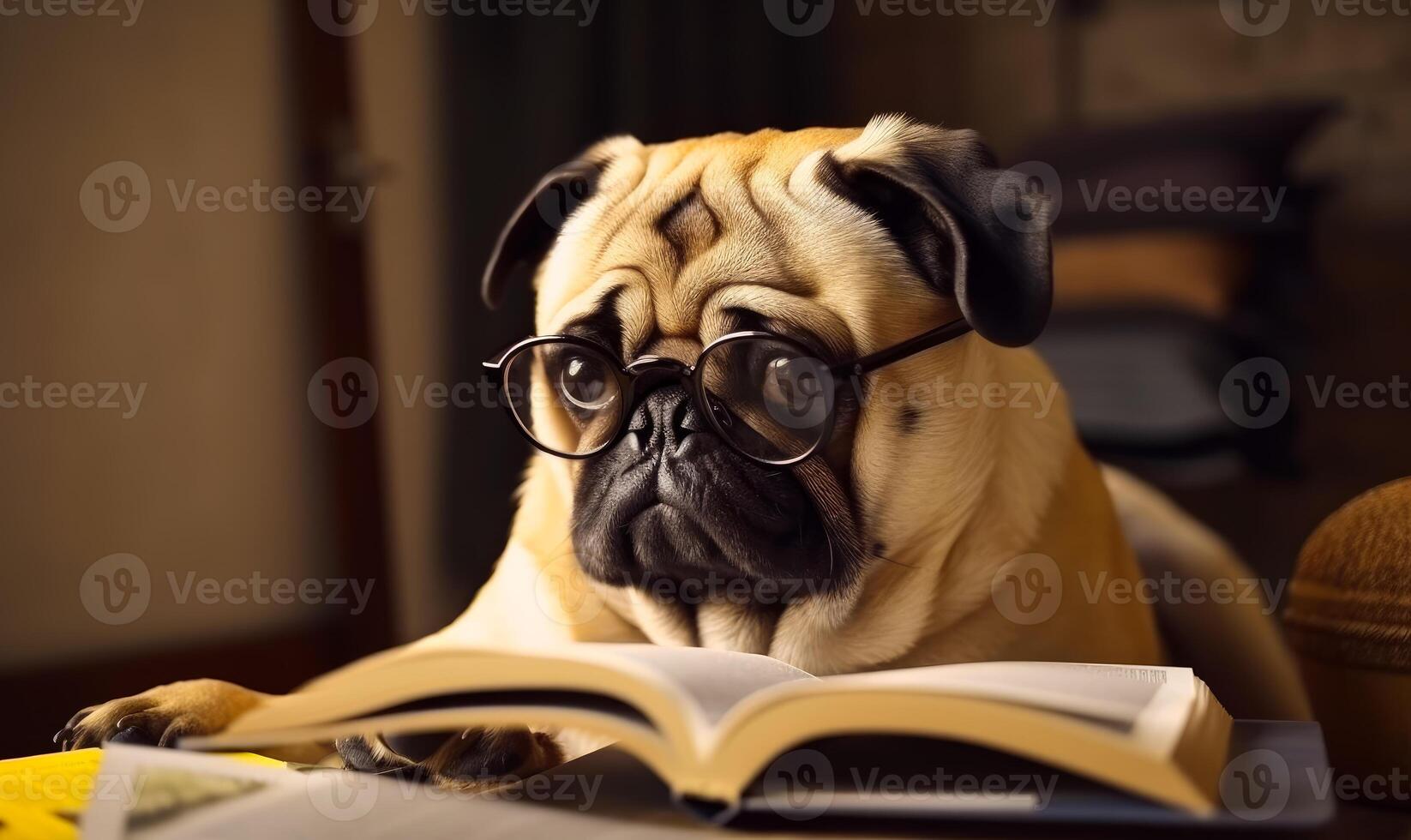 ai gegenereerd mopshond hond vervelend bril en lezing boek foto