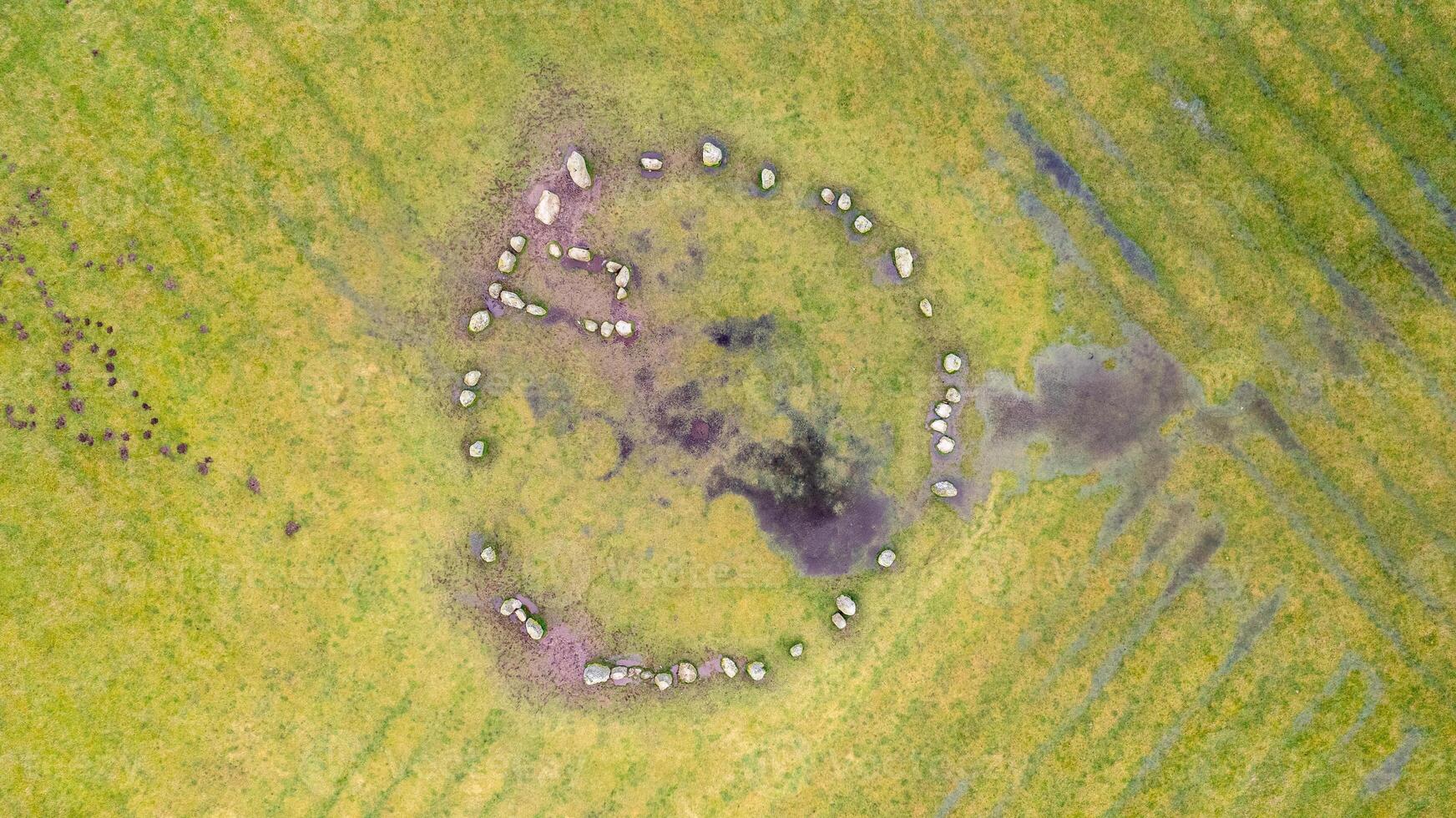 antenne visie van een circulaire steen vorming in een groen veld, mogelijk een oude plaats of ruïnes in meer wijk, Engeland. foto