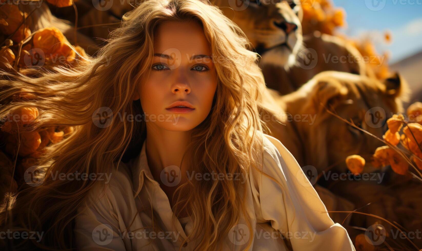 ai gegenereerd een jong vrouw staand Aan een heuvel in leeuwen. een vrouw zittend tussen een verschillend verzameling van dieren. foto
