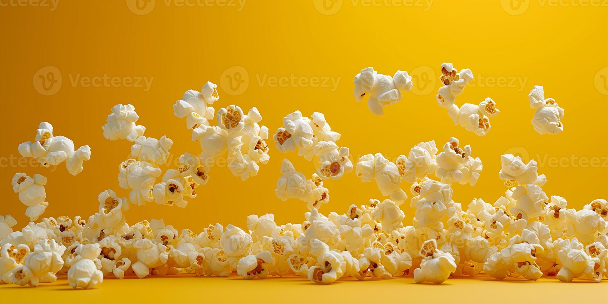 ai gegenereerd vliegend popcorn Aan een geel achtergrond. popcorn in beweging, bioscoop thema, pret foto