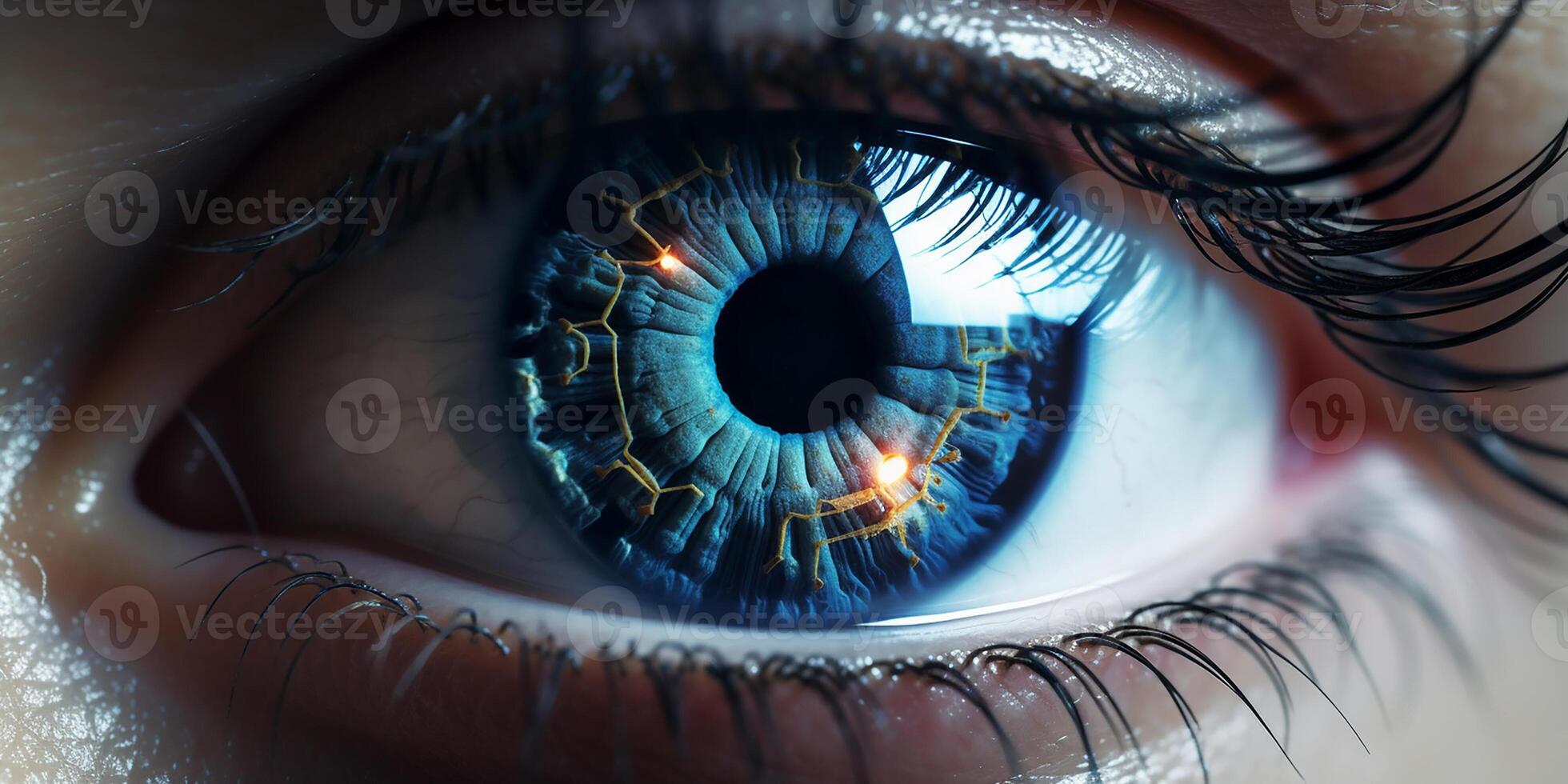 ai gegenereerd slim contact lens met biometrisch netvlies implantaten. de concept van de nieuw technologie is iris herkenning. foto