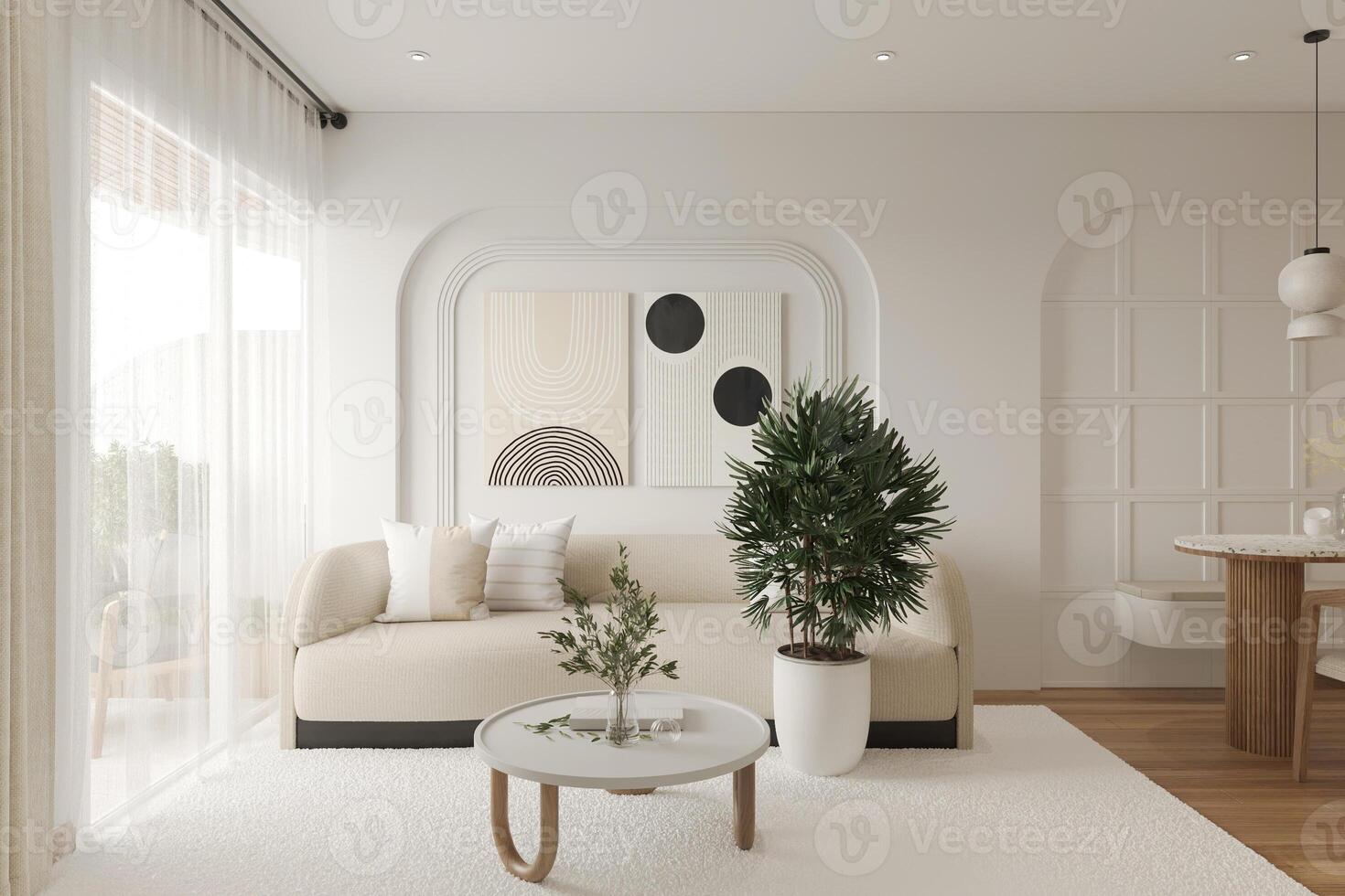 elegant appartement interieur. wit muur kleur, bankstel en planten. foto