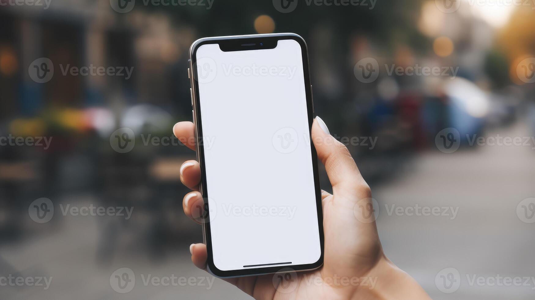 ai gegenereerd menselijk hand- houdt mobiel telefoon mockup met blanco wit scherm, perfect voor presentatie van digitaal ontwerpen. ai gegenereerd foto