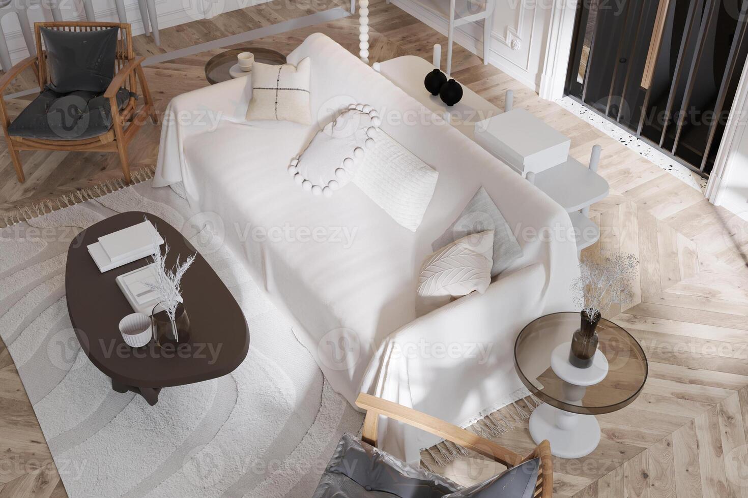 deze luxueus appartement met ontwerper wit meubilair en parket vloerbedekking. foto