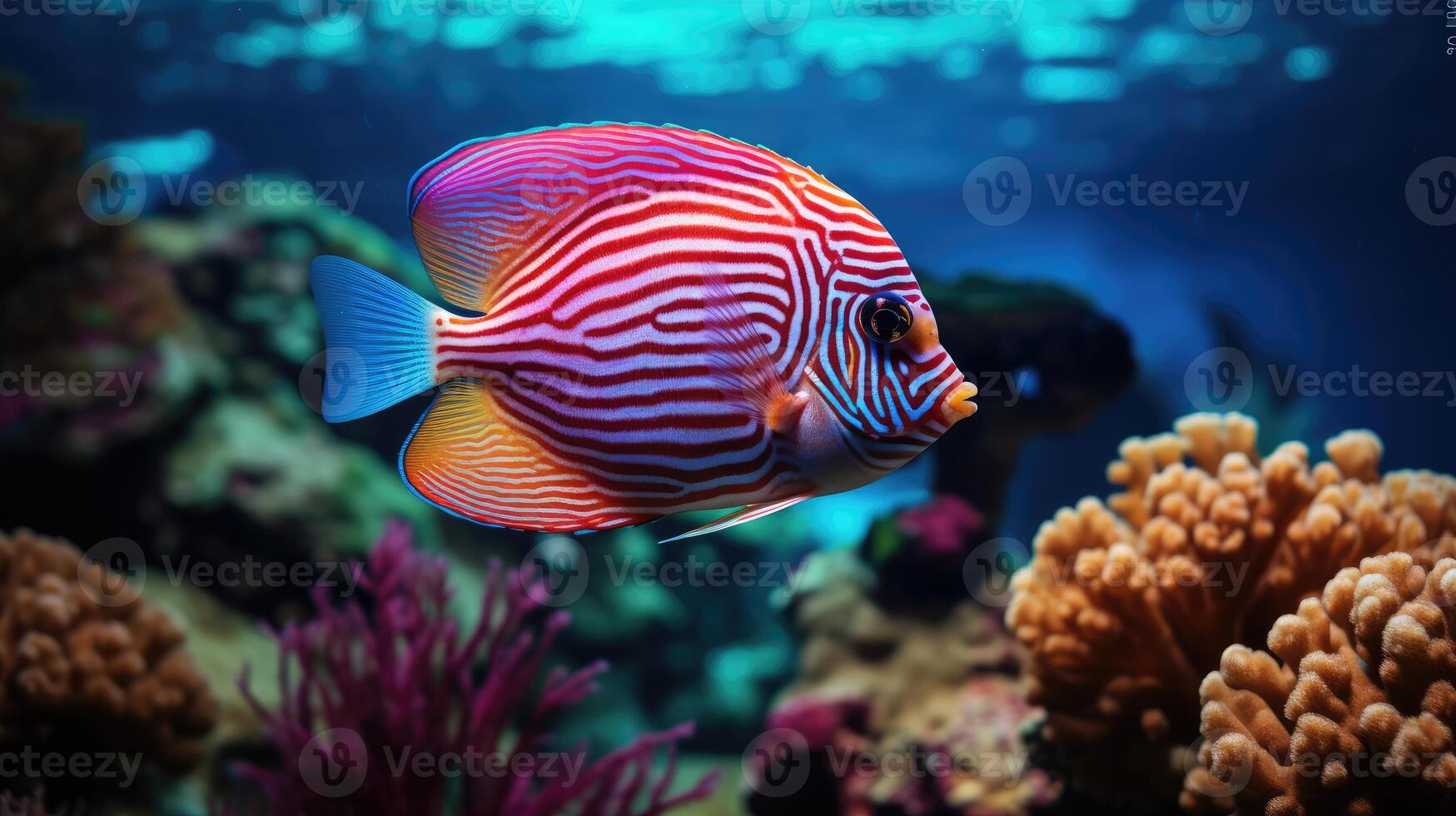 ai gegenereerd symphysodon discus vis wordt weergegeven oogverblindend patronen en kleuren in de buurt levendig koraal riffen, ai gegenereerd. foto