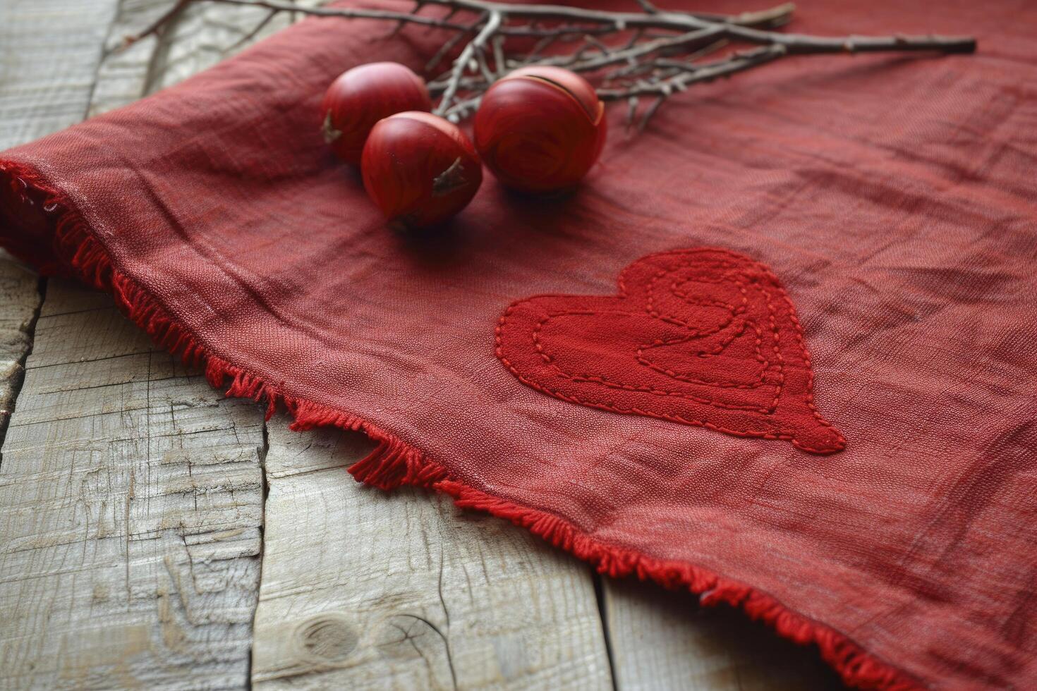 ai gegenereerd dichtbij omhoog visie van rood linnen borduurwerk liefde icoon foto