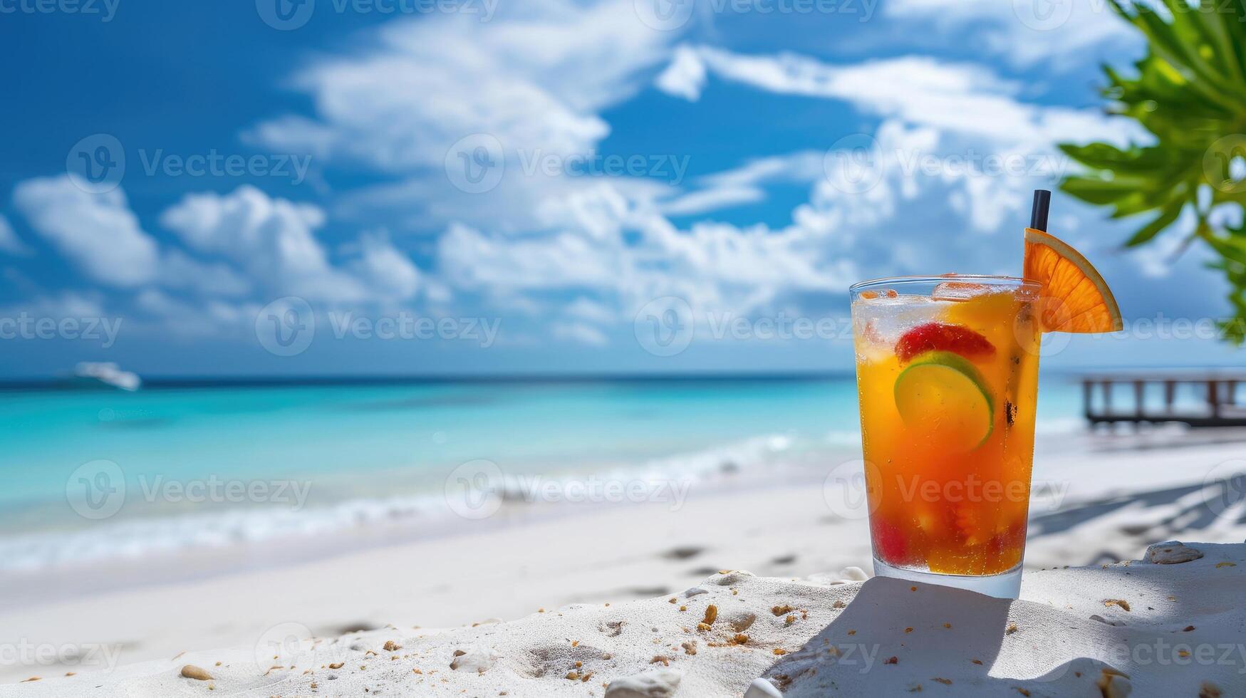 ai gegenereerd kilte met een zomer cocktail Aan een zanderig strand, zee visie. ruimte voor tekst, ai gegenereerd foto