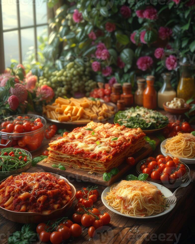ai gegenereerd heerlijk traditioneel Italiaans voedsel Aan tafel met groenten en kruiden foto