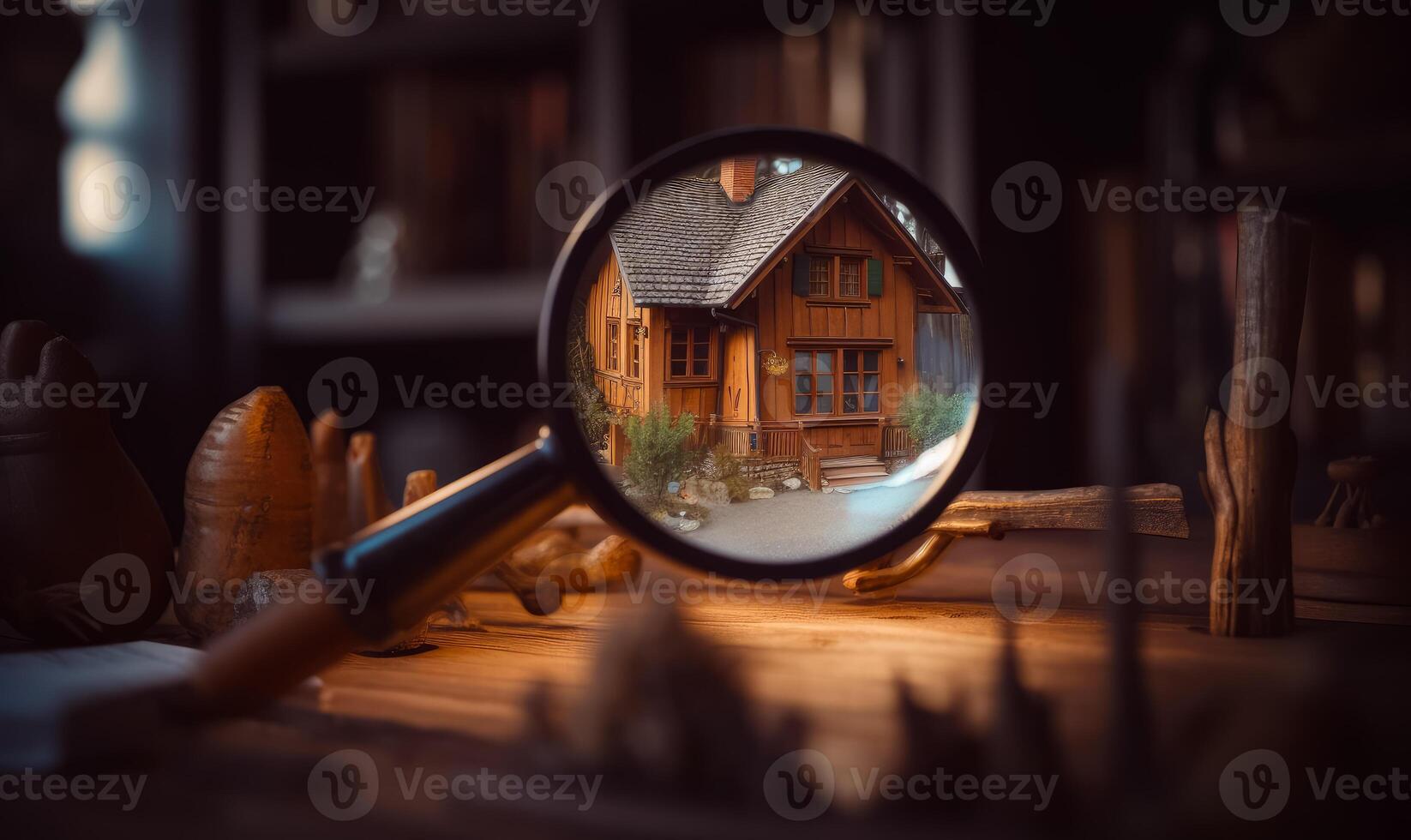 ai gegenereerd vergroten glas en houten huis foto