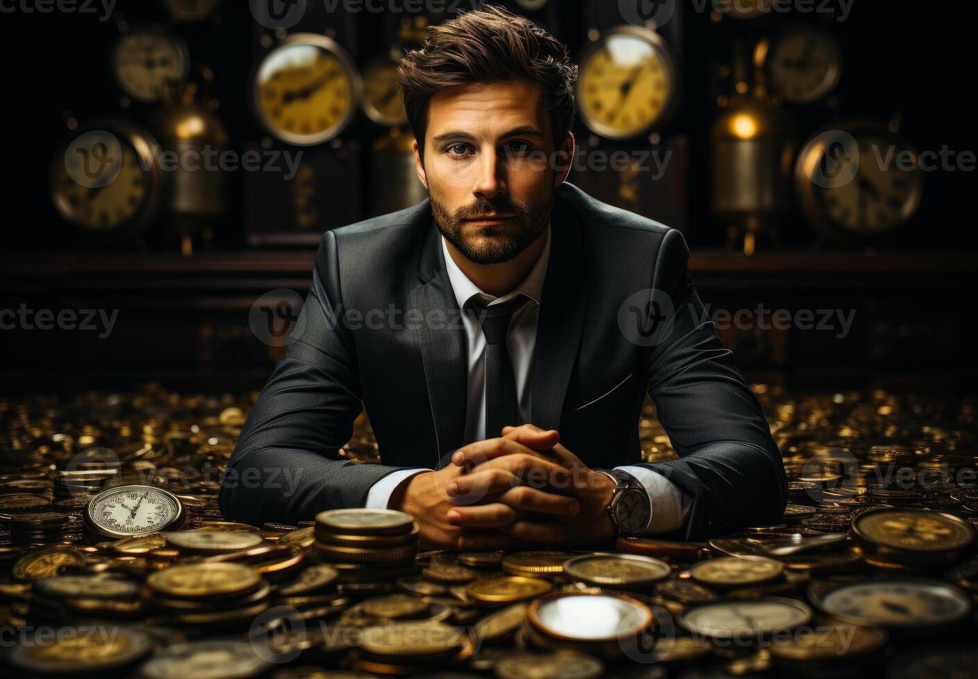 ai gegenereerd zakenman met een stropdas Holding omhoog dollar munten. een Mens is gezeten in voorkant van een substantieel hoop van goud munten, bewonderend de schat. foto