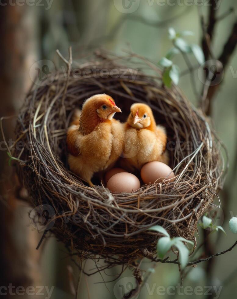 ai gegenereerd twee weinig kippen en eieren in nest. sommige kippen Aan rietje in een nest vol van eieren foto