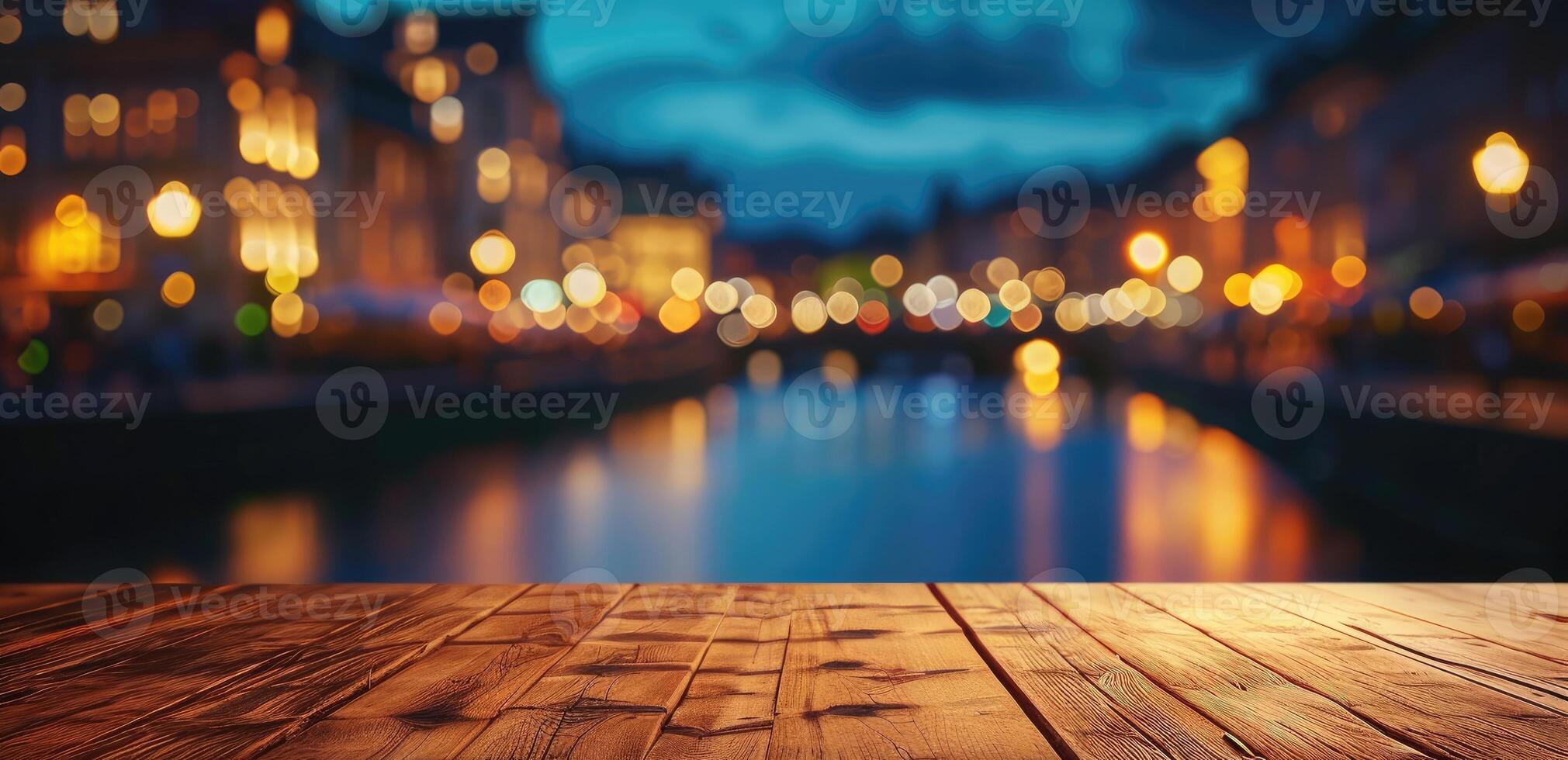 ai gegenereerd een koffie huis leeg houten tafel kijkt uit over een wazig Europese stad Bij nacht, ai gegenereerd. foto
