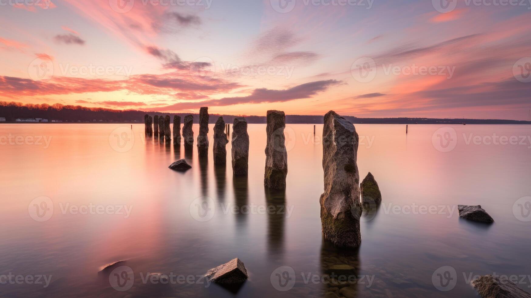 ai gegenereerd stenen rust uit in de meer, omarmd door de teder tinten van zonsopkomst in een boeiend landschap. ai gegenereerd. foto