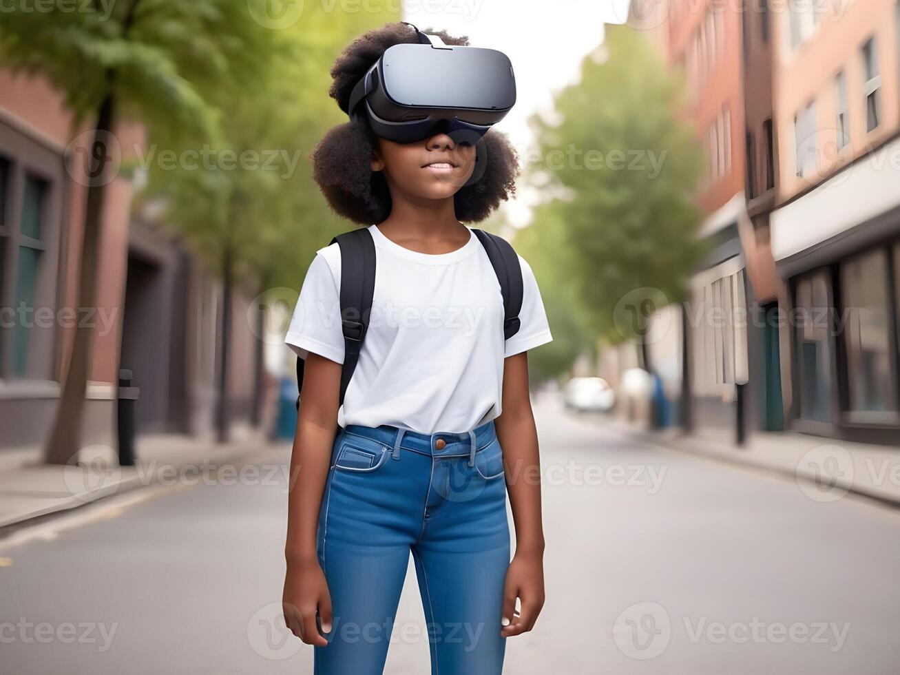 ai gegenereerd afro Amerikaans tiener meisje draagt virtueel realiteit helmer Aan straat. foto