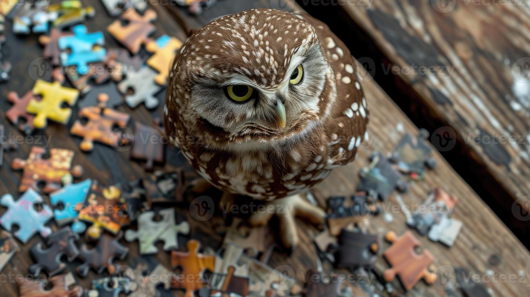 ai gegenereerd schattig uil verdiept in een decoupeerzaag puzzel, toevoegen een grillig aanraken, ai gegenereerd. foto