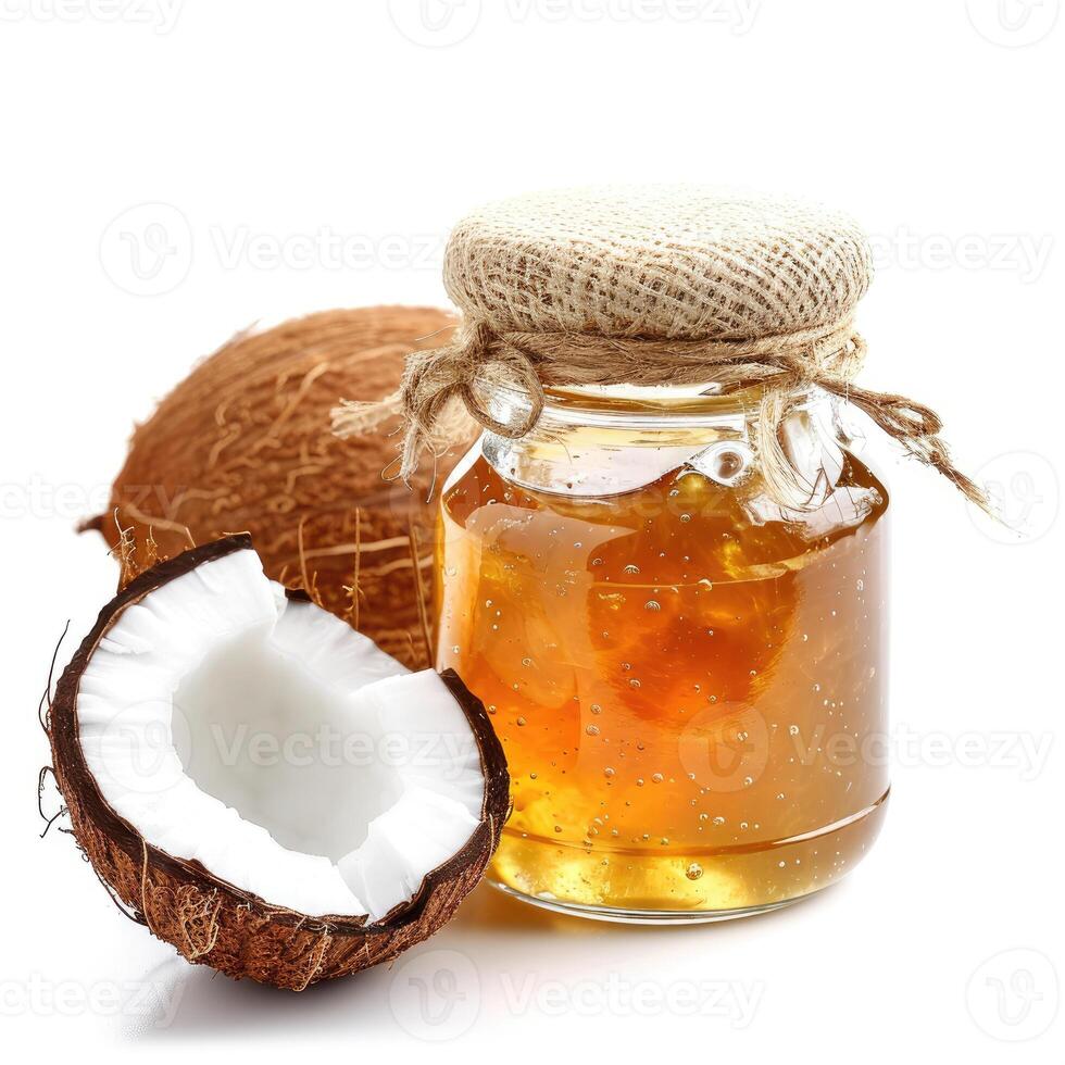 ai gegenereerd heerlijk kokosnoot jam marmelade gelei Bewaren in een glas kan, vergezeld door vers kokosnoot, tentoongesteld Aan een schoon wit achtergrond, ai gegenereerd. foto