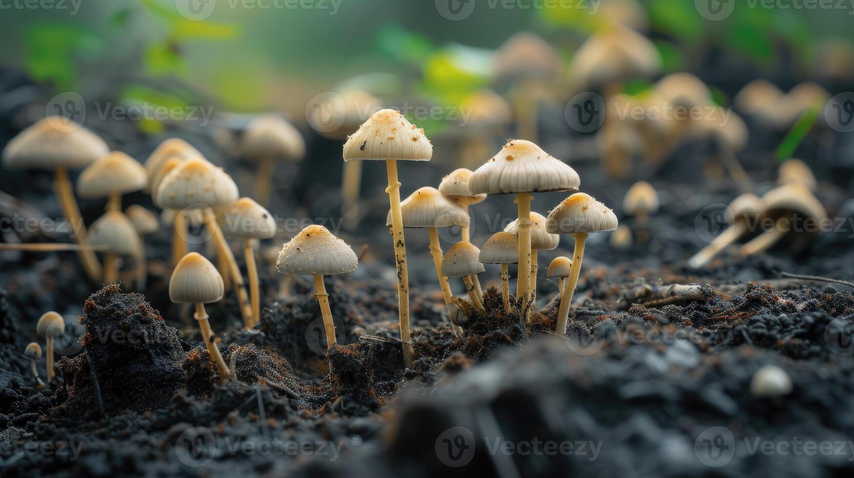 ai gegenereerd champignons bloeiend samen Aan de grond, een natuurlijk wonder van schimmel groei, ai gegenereerd. foto