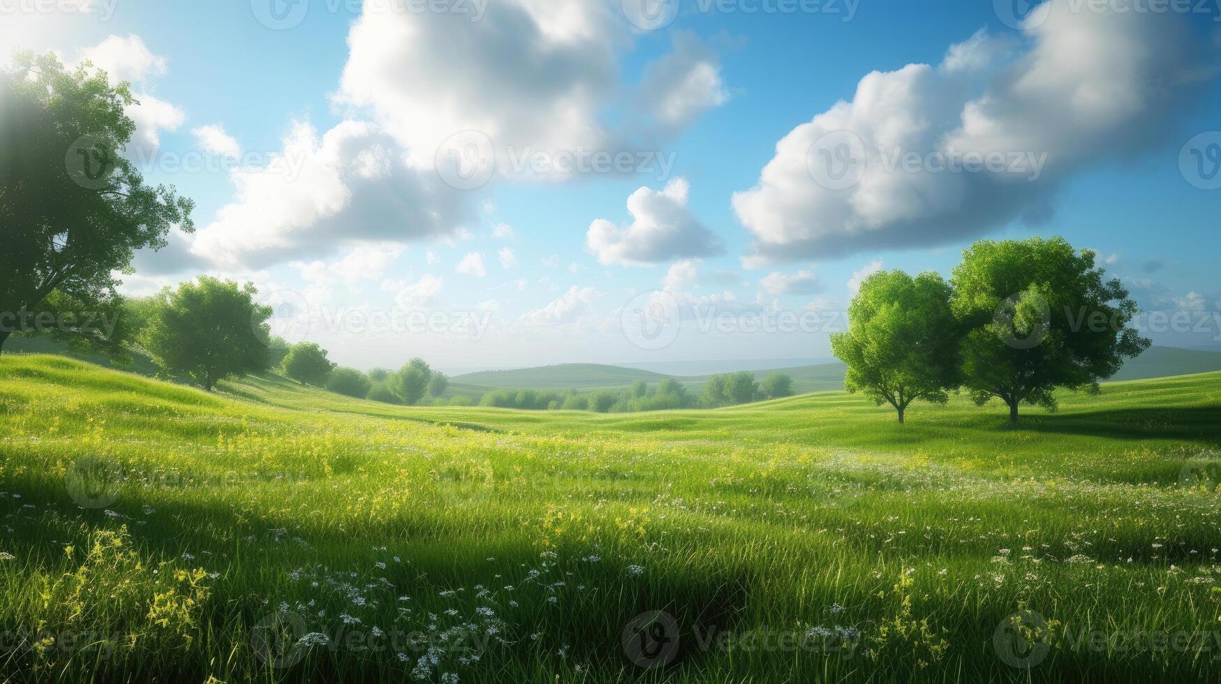 ai gegenereerd expansief landschap met weelderig, met gras begroeid weiden. kalmte in van de natuur omarmen, ai gegenereerd. foto