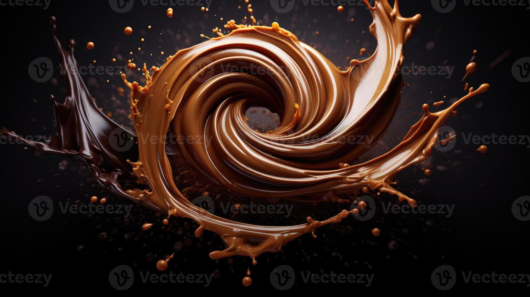 ai gegenereerd luxueus gesmolten chocola kolken met dynamisch spatten creëert een verrukkelijk zichtbaar meesterwerk. ai gegenereerd. foto
