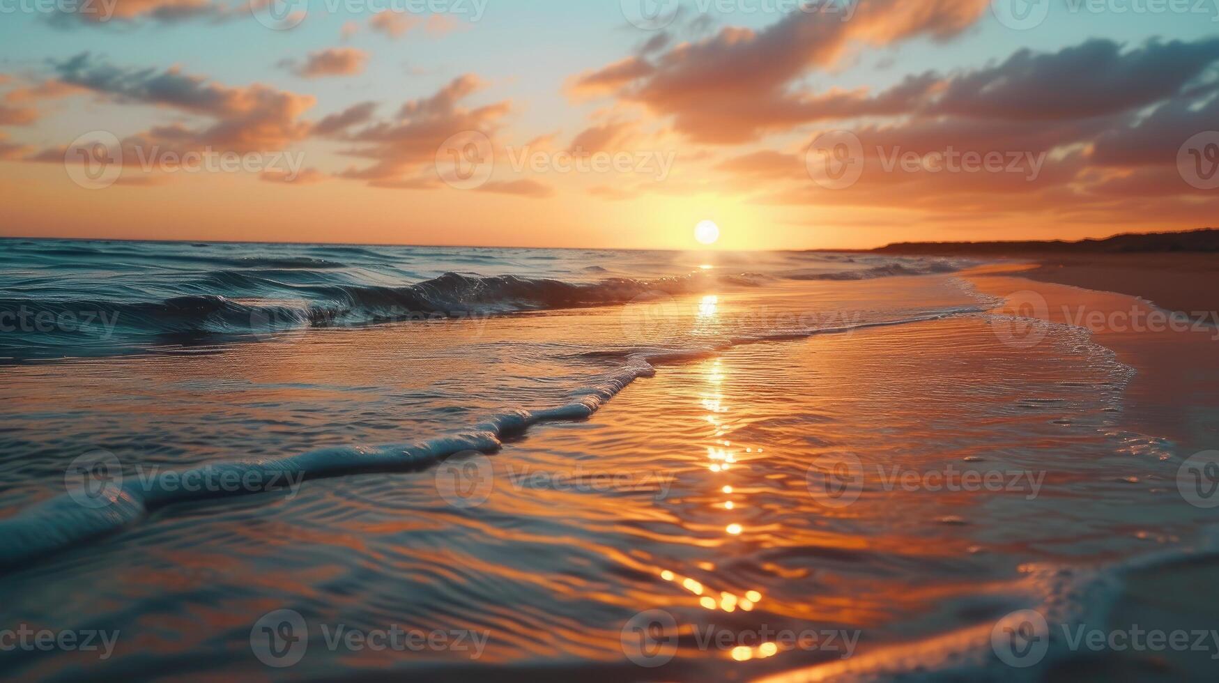 ai gegenereerd zonsondergang verven een rustig strand met gouden zand gekust door teder golven, ai gegenereerd foto