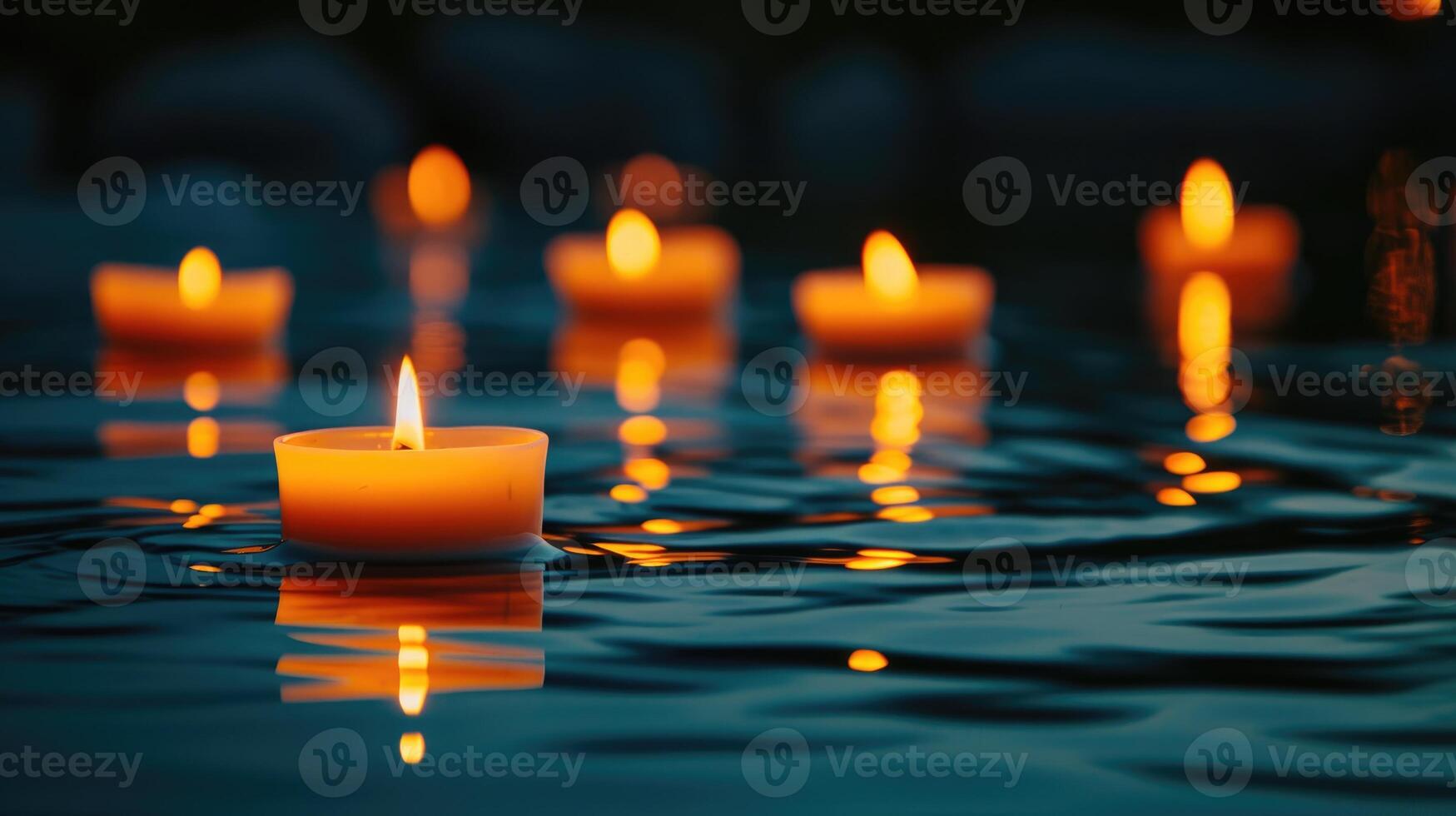 ai gegenereerd groep van lit kaarsen voorzichtig drijvend in water, creëren een vredig sfeer. ai gegenereerd. foto