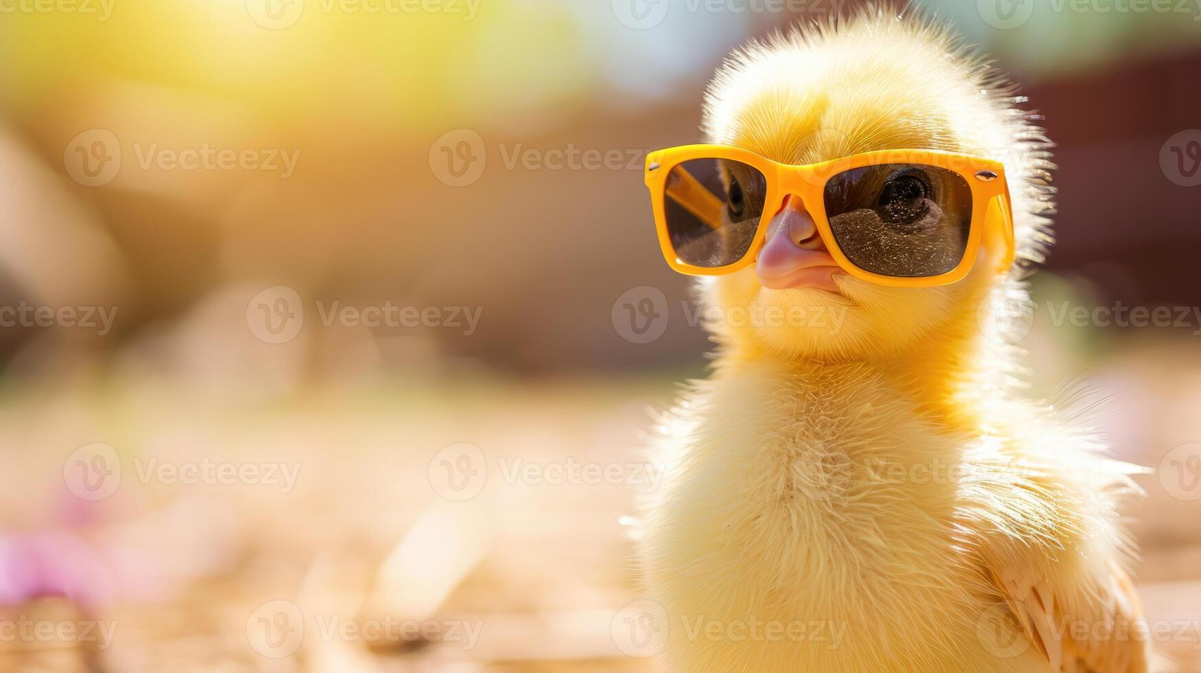 ai gegenereerd koel gevoel Aan de boerderij net zo een baby kuiken pronkt met zonnebril, toevoegen een scheutje van charme naar haar buitenshuis avontuur, ai gegenereerd. foto