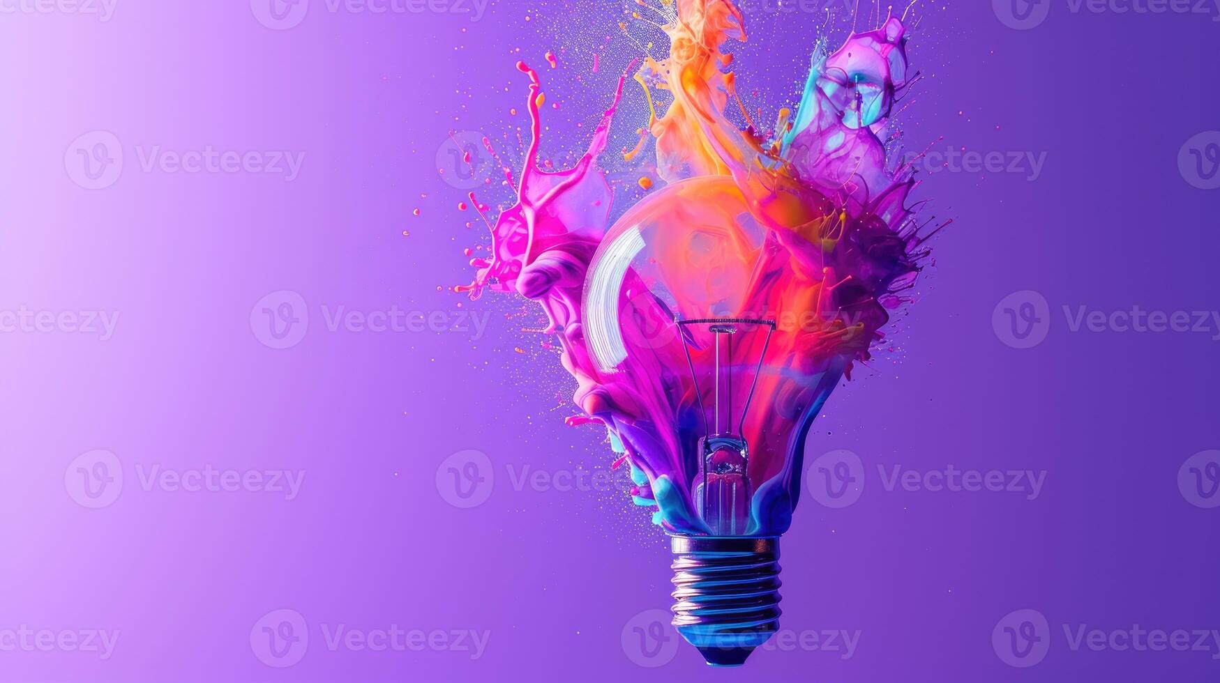 ai gegenereerd fantasierijk concept met een kleurrijk gloeilamp bewerkte van vloeistof verf Aan een levendig Purper achtergrond, ai gegenereerd. foto